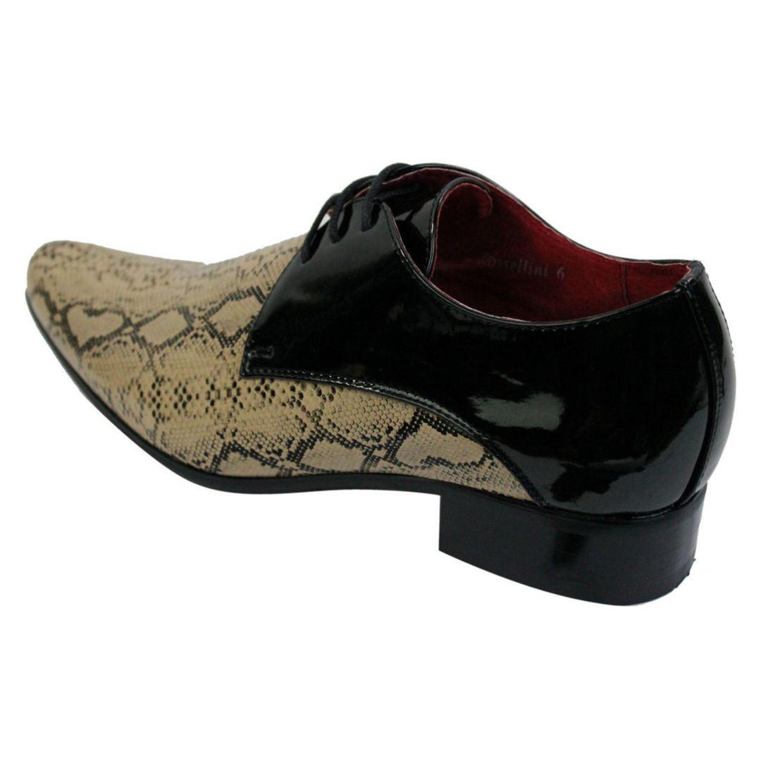 Mens Black Beige Snake Skin Patent Shiny Leather Shoes Italian Design Laced - Knighthood Store