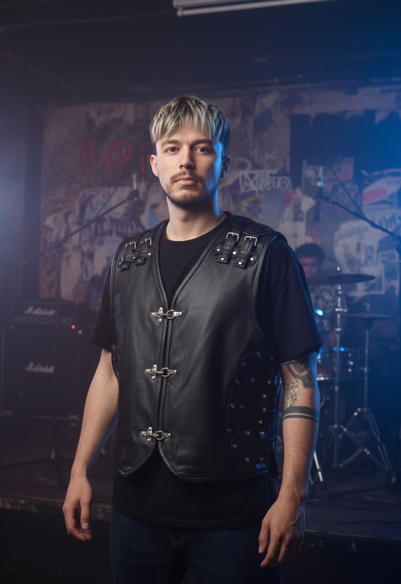 Men's Leather Motorcycle Vest Black Biker Waistcoat