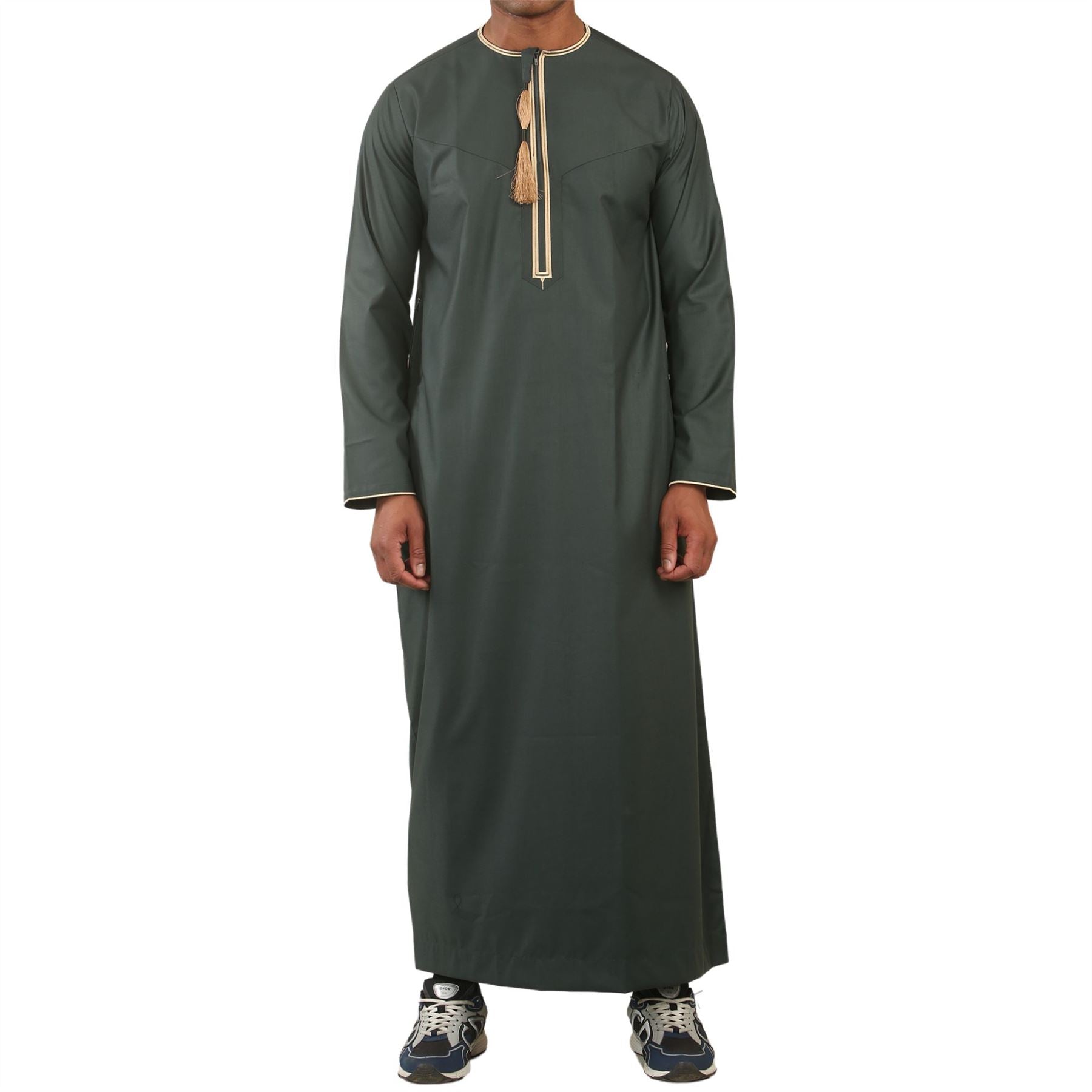 Men's Thobe Emirati Omani Jubba Islamic Clothing Muslim Kaftan Eid Robe Arab Gold Tassel Embroidery