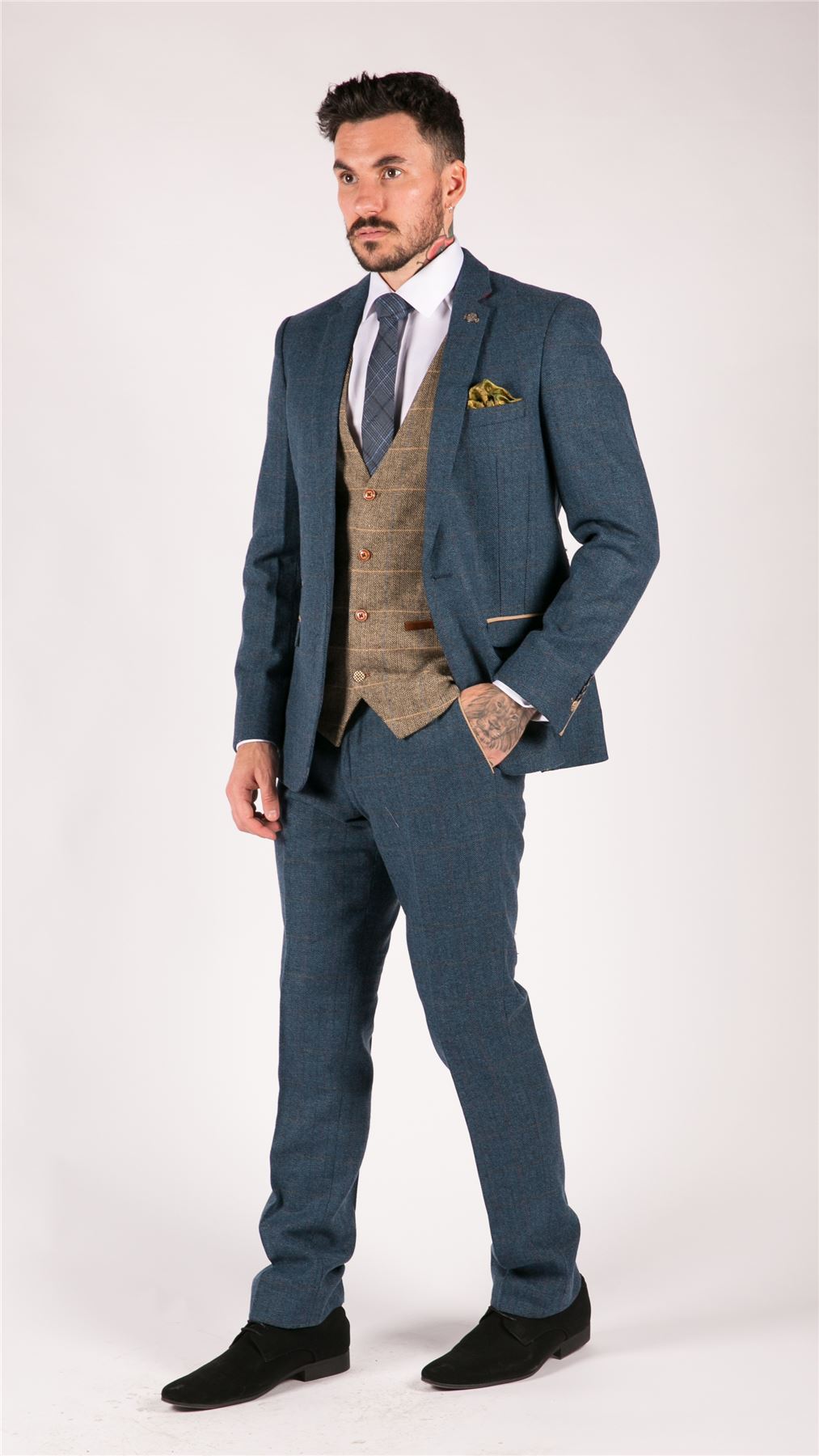 Mens Blue Tan Brown 3 Piece Herringbone Tweed Check Vintage Tailored Fit Suit