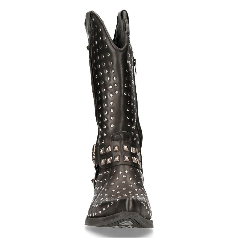 New Rock M-7928-s1 Western Cowboy Boots Black Leather Heavy Biker Silver Studs - Knighthood Store