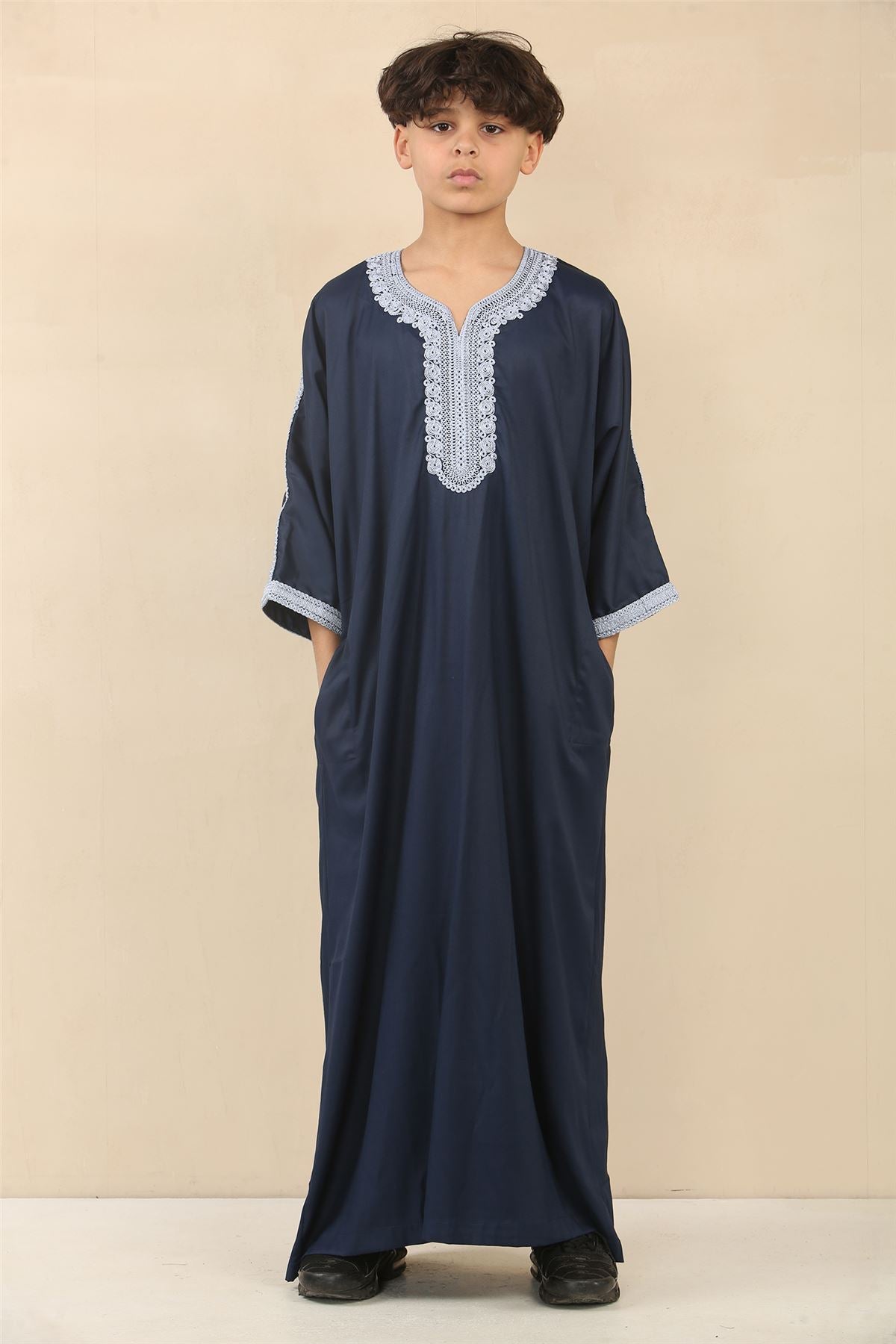 Boys Navy Moroccan Thobe Short Sleeve Gandoura Blue Embroidery Kaftan