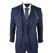 Mens Herringbone Tweed Navy Blue Check 3 Piece Vintage Suit Tan