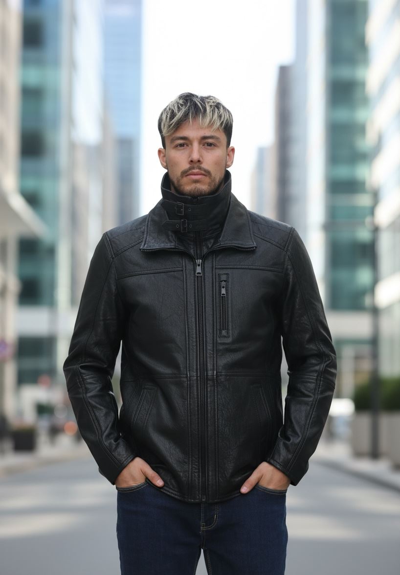 Men's Leather Motorcycle Jacket Classic Biker Coat