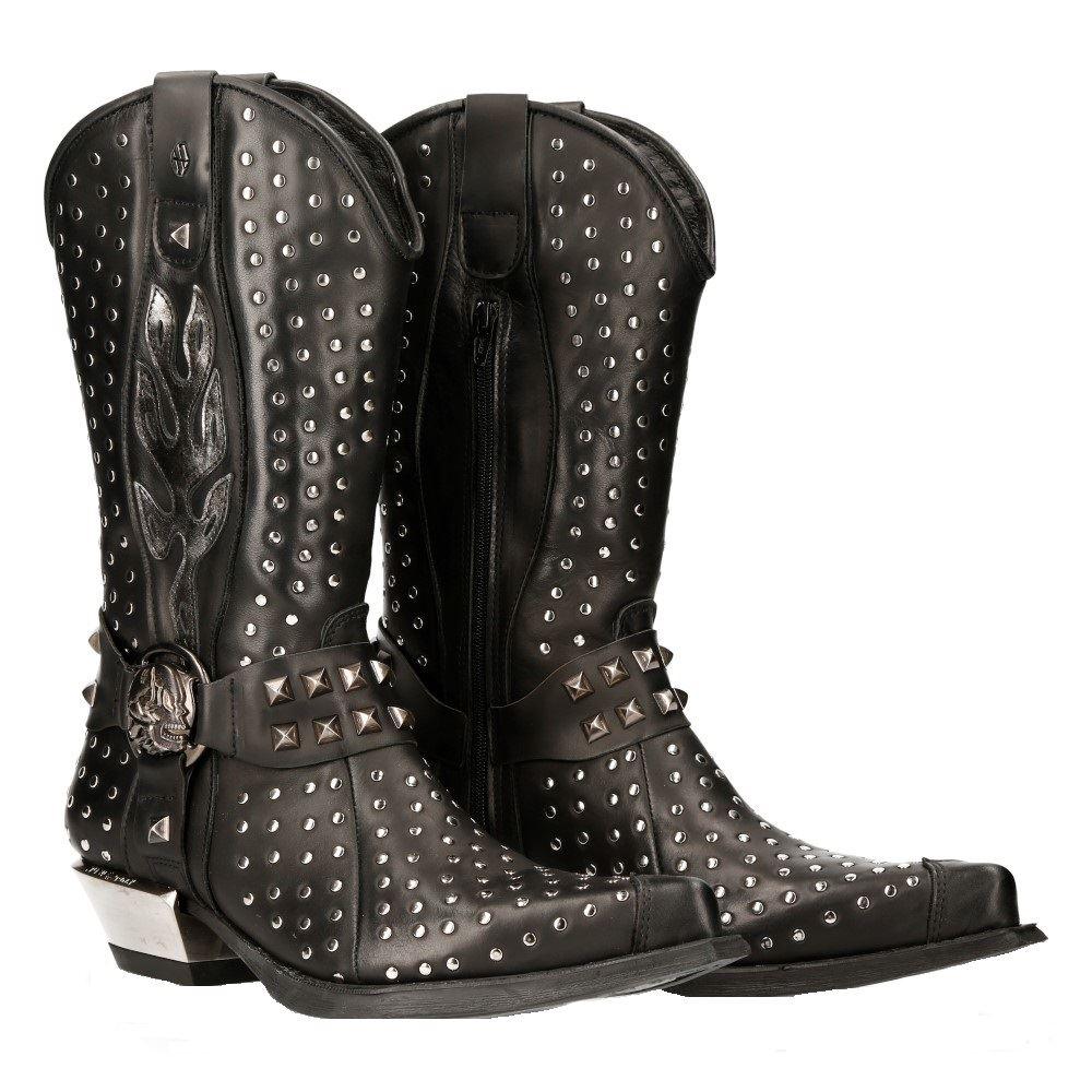 New Rock M-7928-s1 Western Cowboy Boots Black Leather Heavy Biker Silver Studs - Knighthood Store