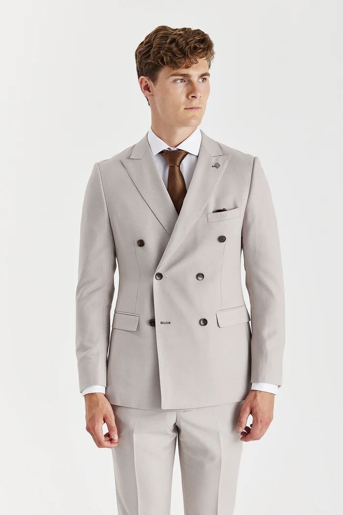 Mayfair - Men's Stone Birdseye Double Breasted Blazer