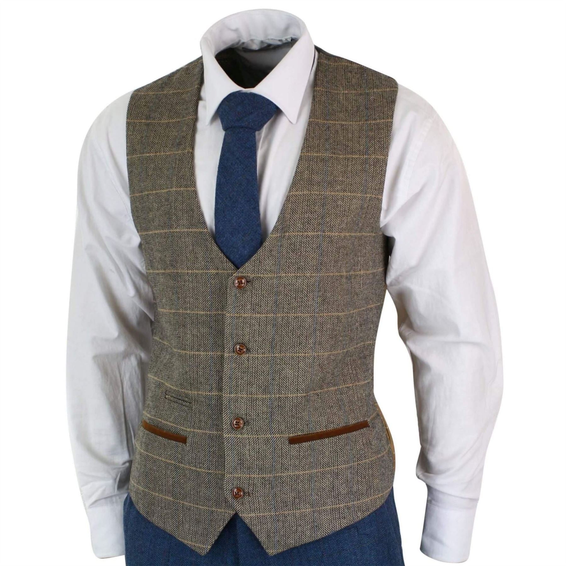 Mens Blue Tan Brown 3 Piece Herringbone Tweed Check Vintage Tailored Fit Suit