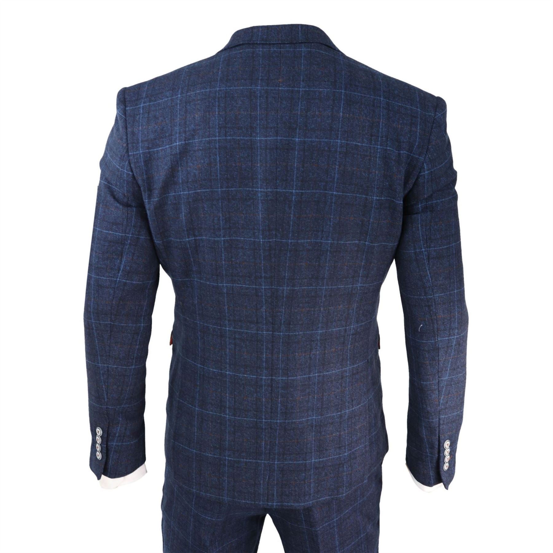 Mens Grey 3 Piece Suit Tan Navy Check Wedding Prom Formal Vintage Tailored Fit