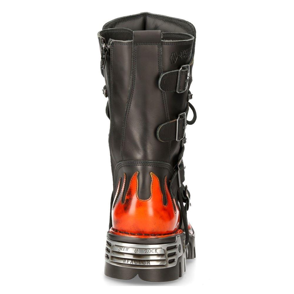 New Rock New Rock 591-s1 Red Flame Metallic Black Leather Boot Biker Goth Boots - Knighthood Store
