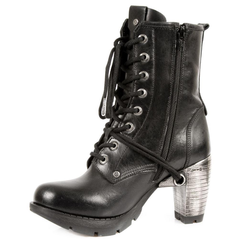 New Rock TR001-S1 Ladies Trail Black 100% Leather Gothic Punk Lace Boots - Knighthood Store