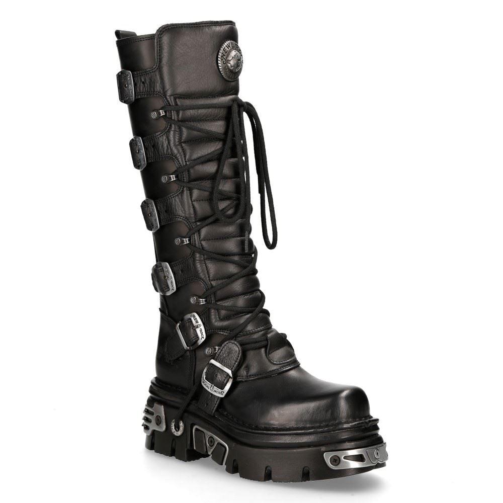 New Rock 272 Metallic Black Goth Knee High Zip Leather Buckle Boots Punk Emo - Knighthood Store