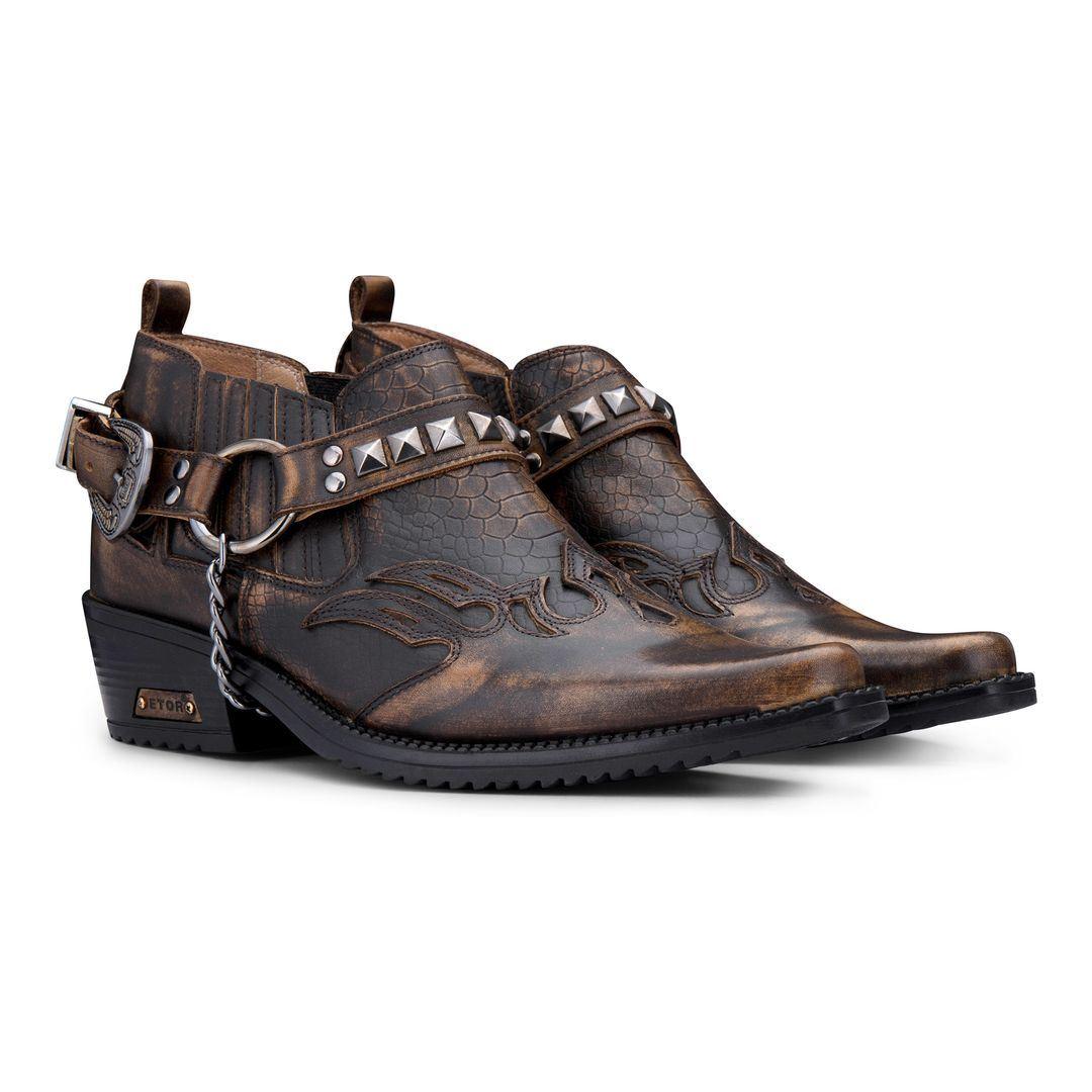 Mens Real Leather Cowboy Shoes Wincklepickers Cuban Heel Metal Belt Western Croc Pattern - Knighthood Store