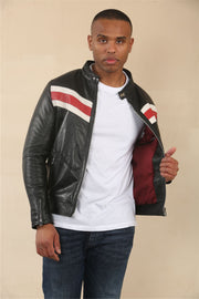 Men's Black Racer Striped Biker Leather Jacket