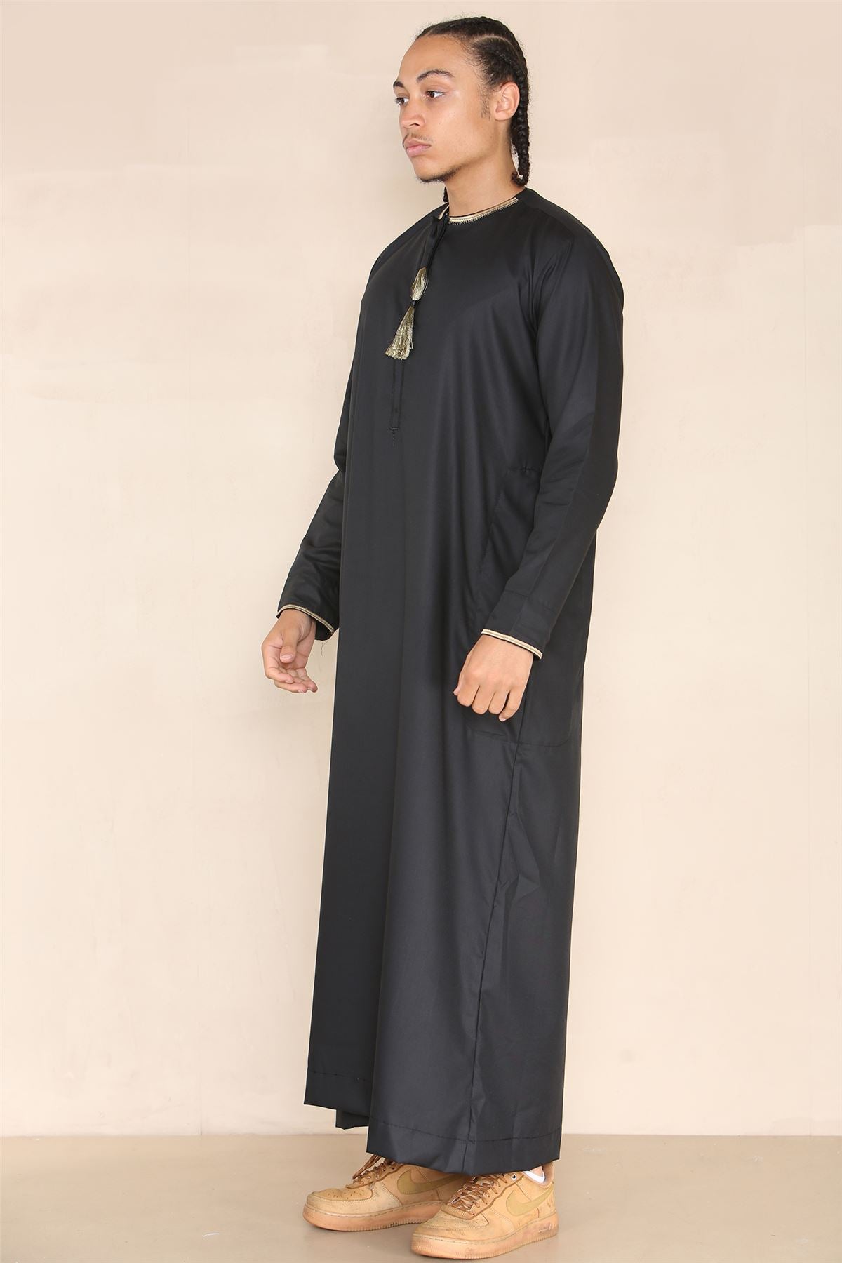 Mens Emirati Omani Thobe Jubba Islamic Clothing Muslim Kaftan Eid Robe Arab String Tassel