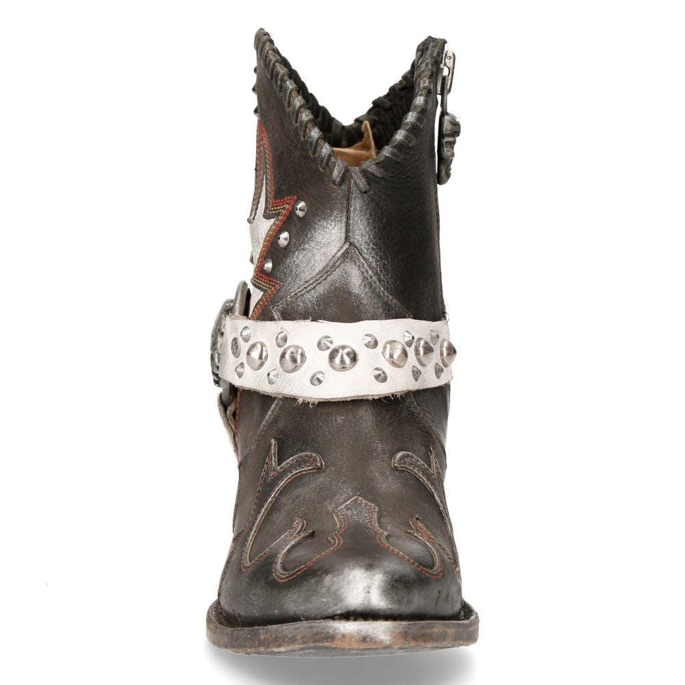 New Rock WSTM004-S2 Grey White Leather Cowboy Western Pointed Boots Vintage - Knighthood Store