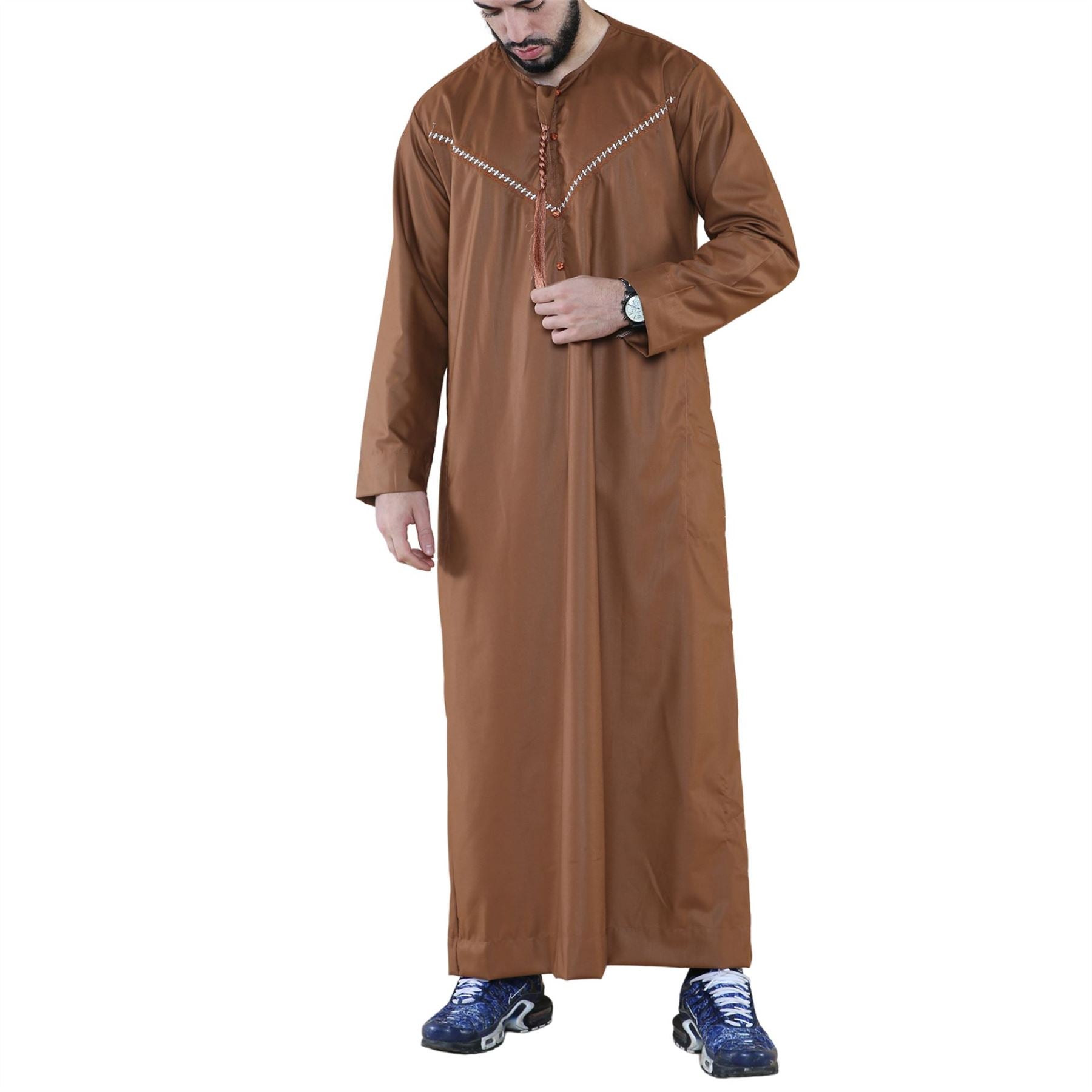 Mens Thobe Jubba Islamic Clothing Muslim Kaftan Emirati Omani Robe Casual Cotton