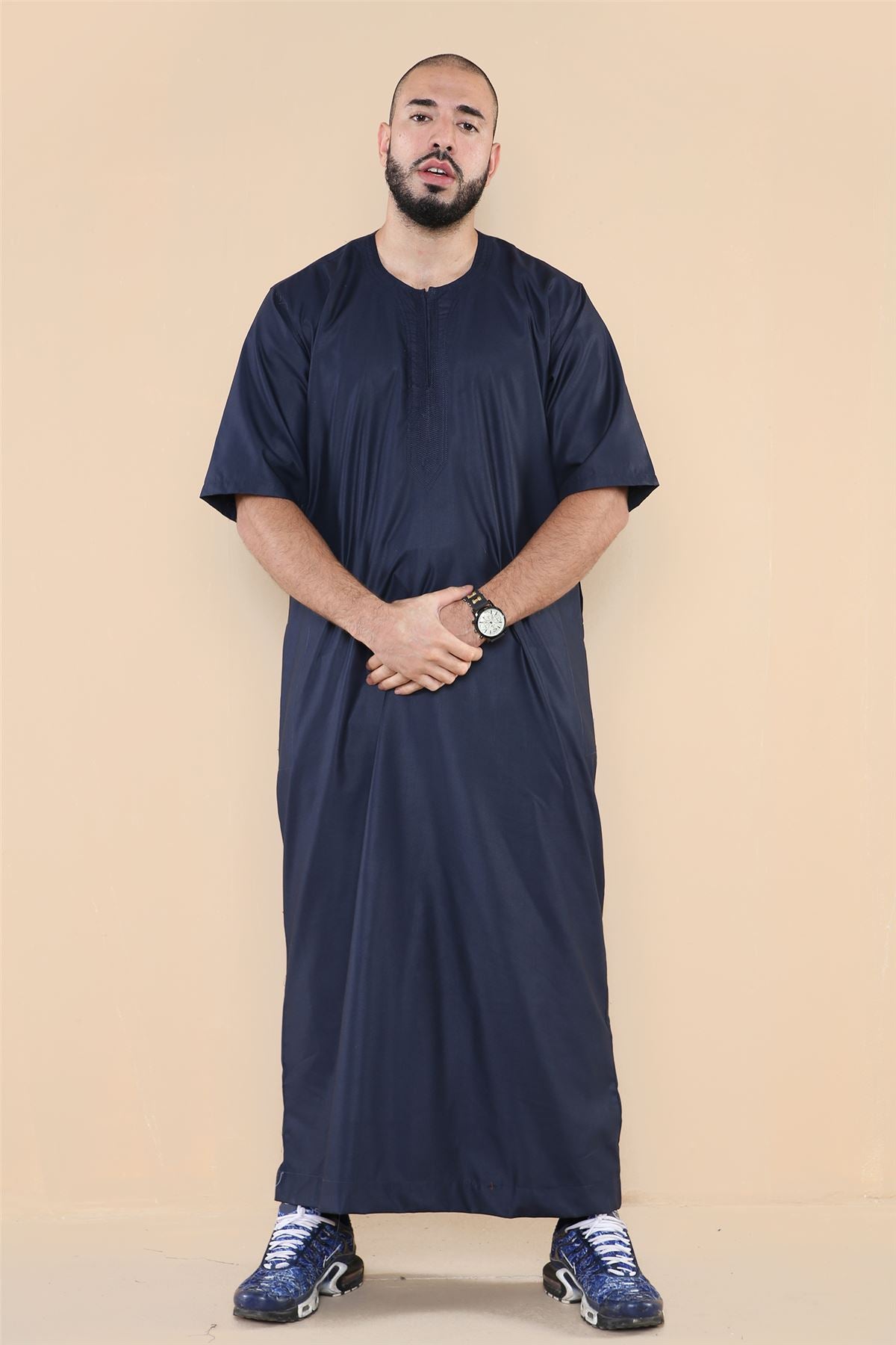 Mens Thobe Jubba Islamic Clothing Kaftan Half Sleeve Robe Moroccan Arab Zipped