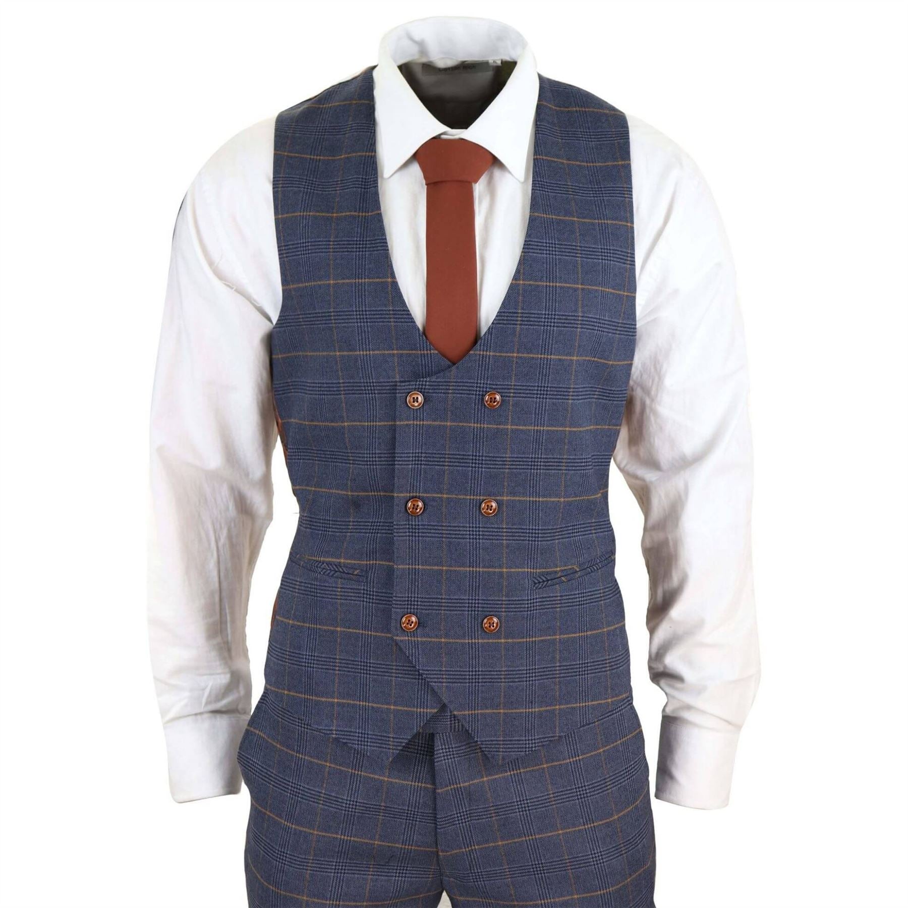 Mens 3 Piece Navy Blue Tan Check Double Breasted Waistcoat Formal Suit Classic