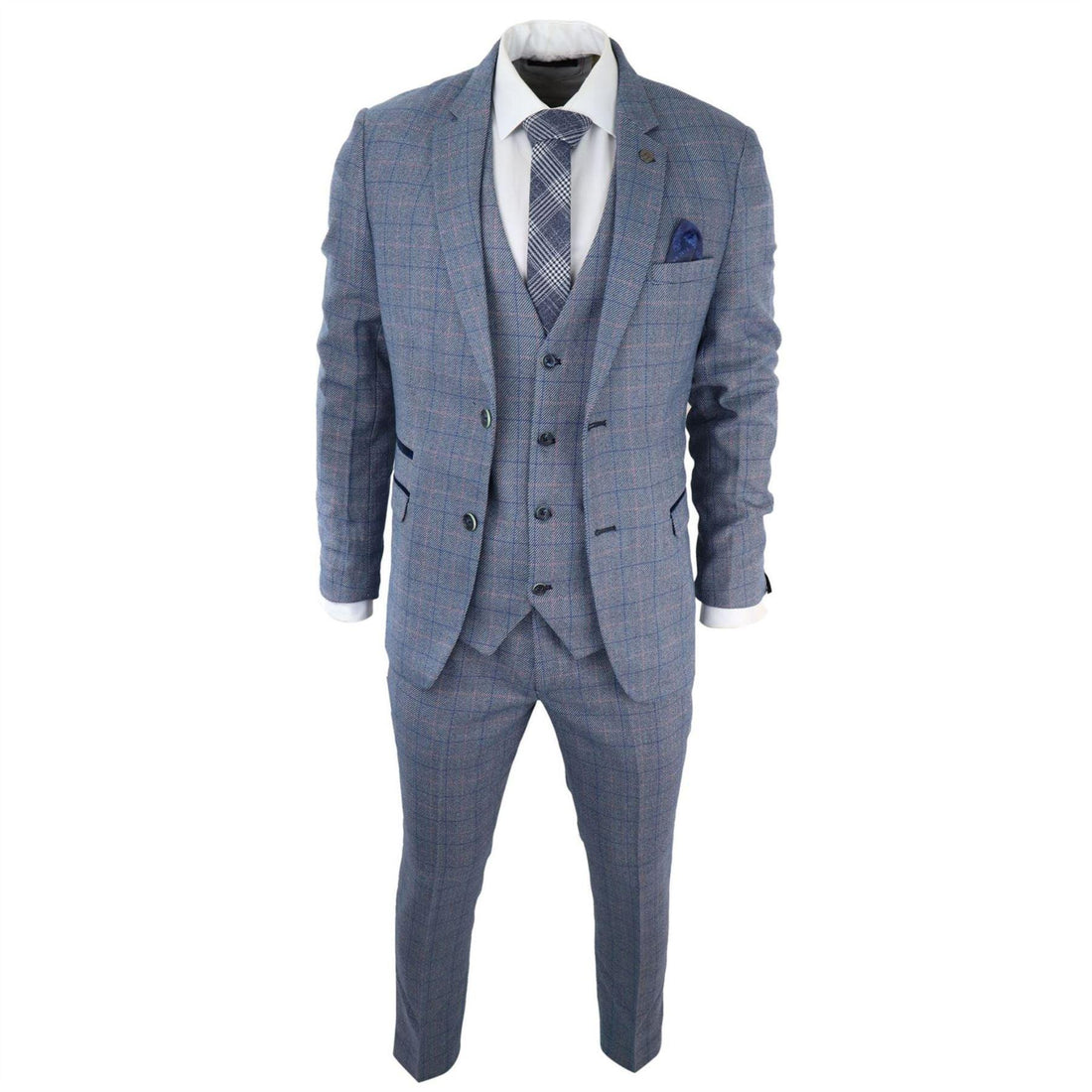 Mens 3 Piece Suit Sky Blue Check Wool Feel Marc Darcy Tailored Fit Wedding Prom Harry - Knighthood Store