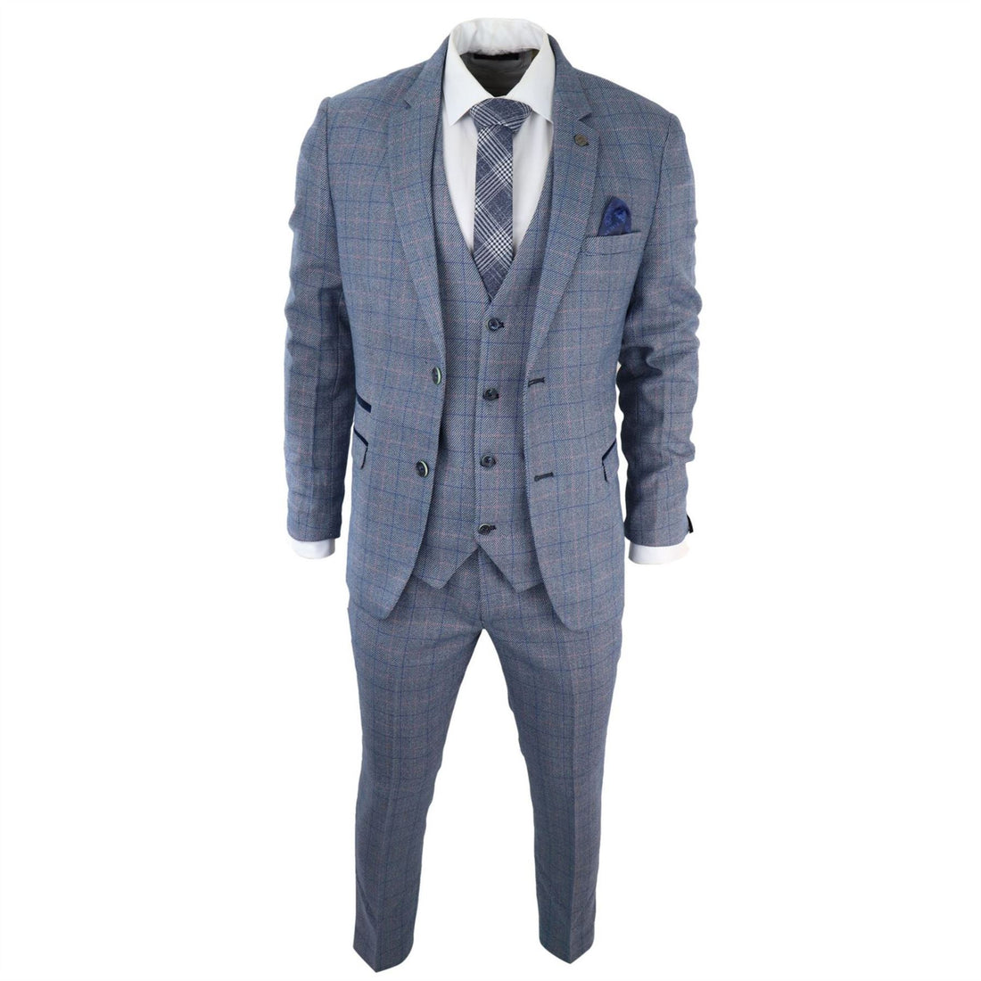 Mens 3 Piece Suit Sky Blue Check Wool Feel Marc Darcy Tailored Fit Wedding Prom Harry
