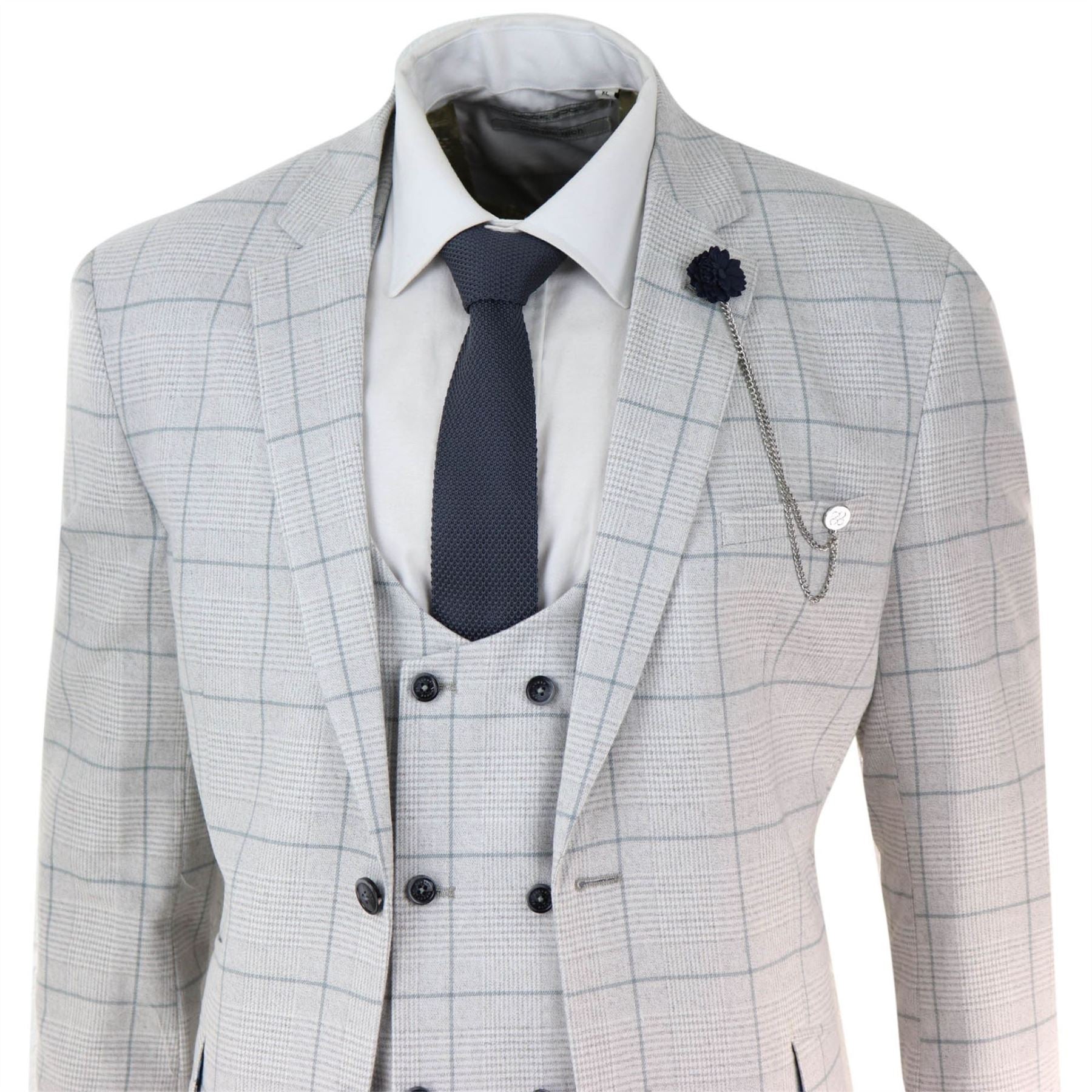 Mens Light Grey Check 3 Piece Suit Double Breasted Waoistcoat Tailored Fit