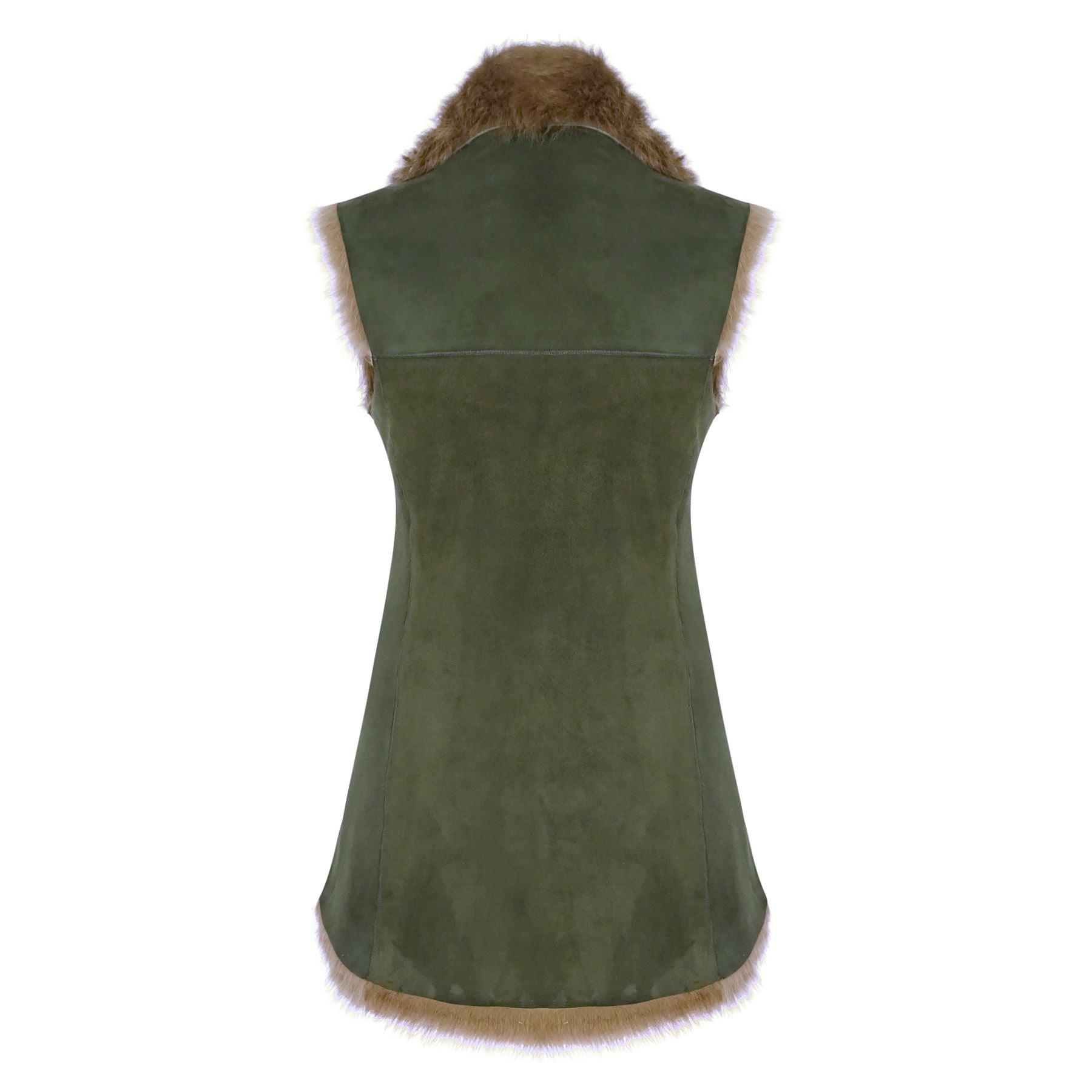 Ladies Women Real Spanish Shearling Sheepskin Toscana Olive Long Waistcoat Gilet - Knighthood Store