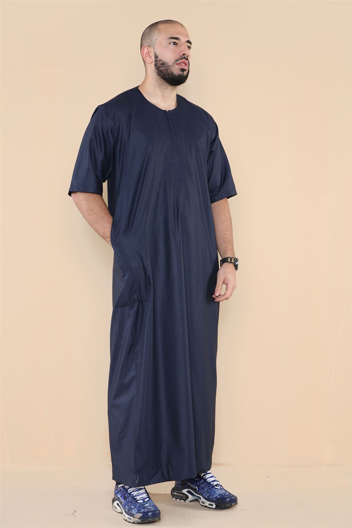 Mens Thobe Jubba Islamic Clothing Kaftan Half Sleeve Robe Moroccan Arab Zipped