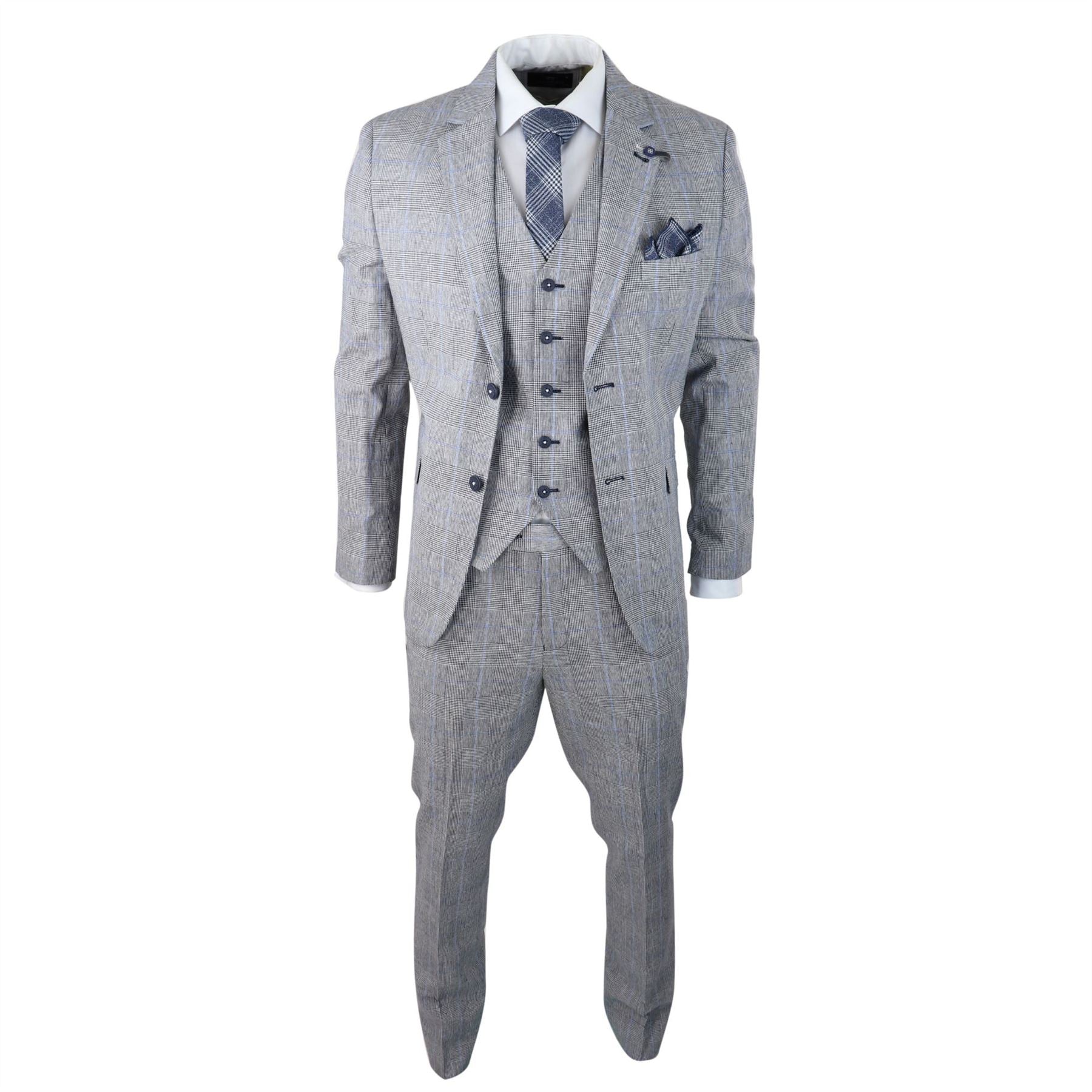 Mens 3 Piece Summer Suit Grey Check Blue Black Tailored Fit Classic Wedding Formal