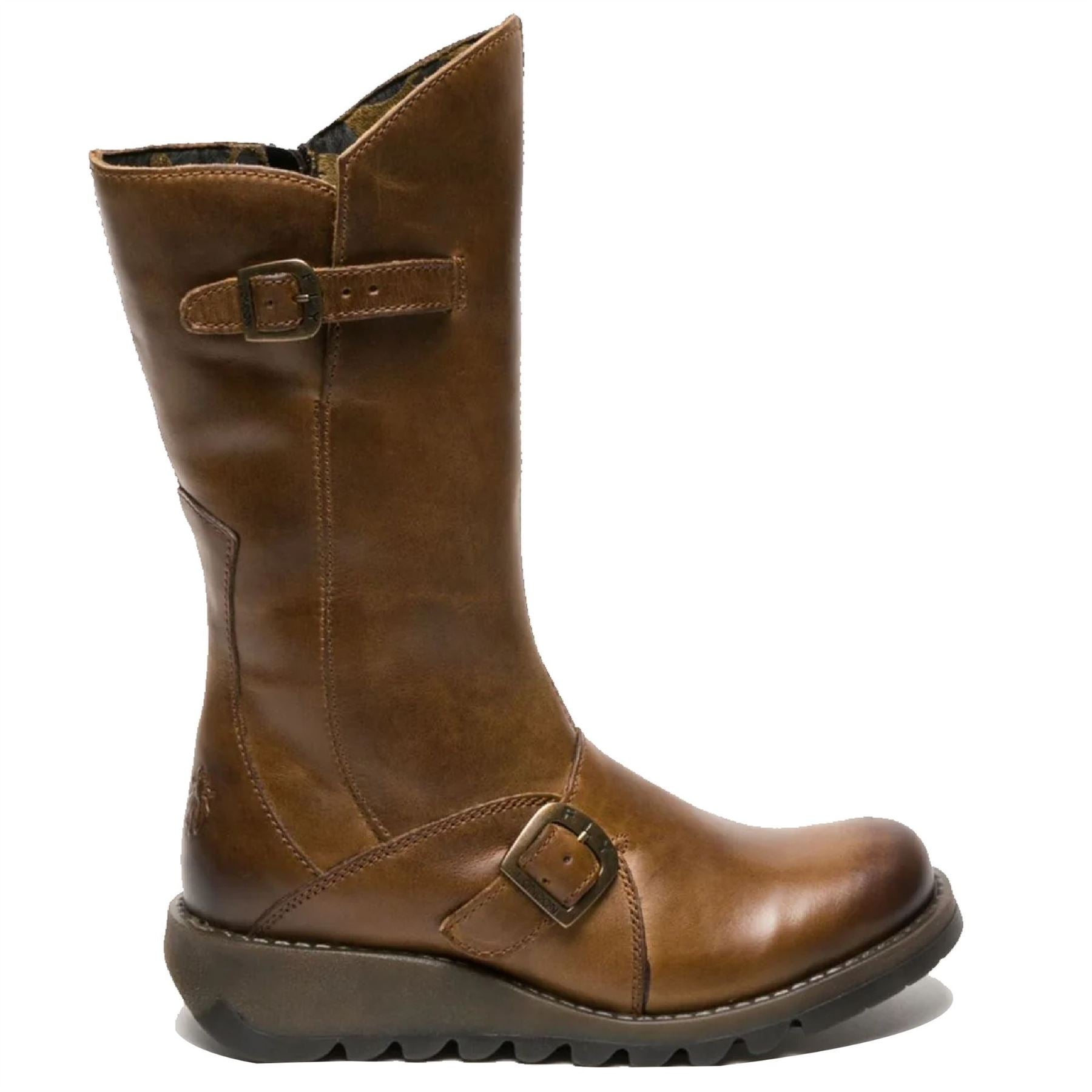 MES2913 - Women's Wedge Heel Buckle Mid Calf Leather Boots