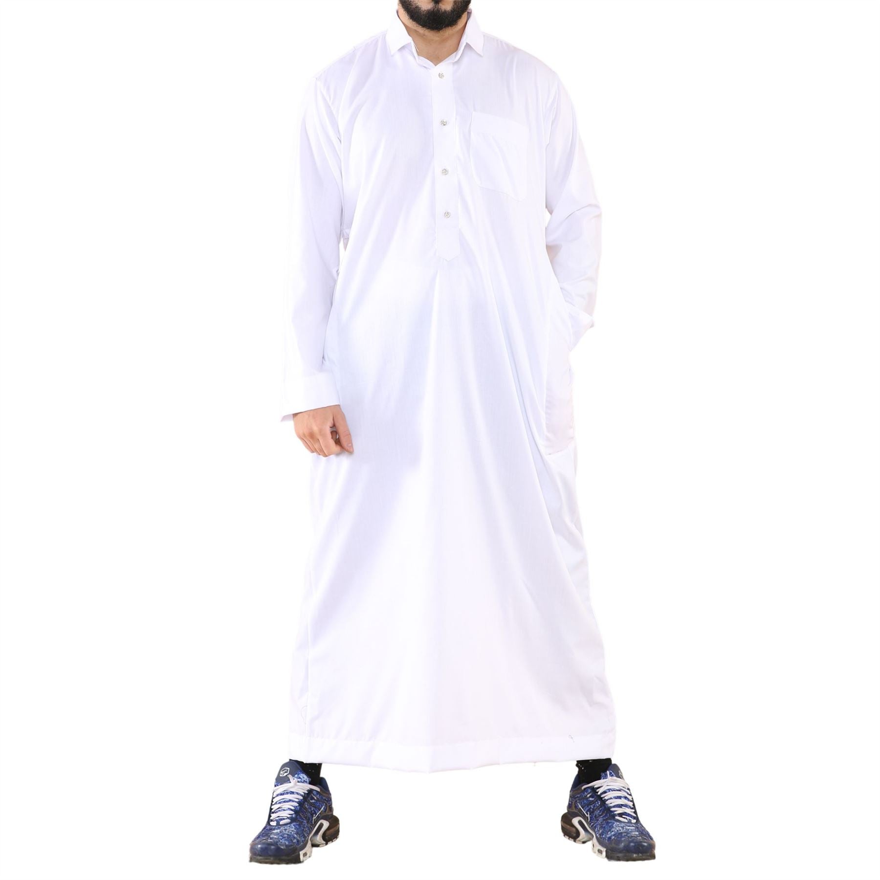 Mens Thobe Jubba Turn Down Collar Islamic Muslim Cotton Kaftan Dress Robe Arabic
