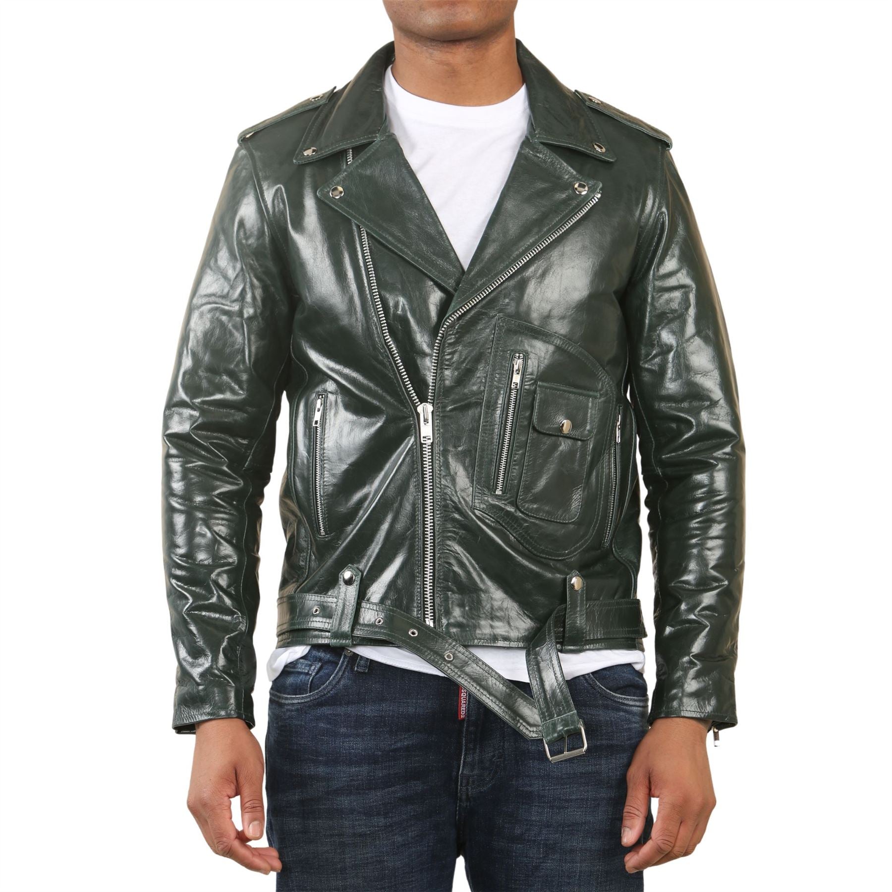 Men's Cow Hide Biker Brando Cross Zip Leather Jacket