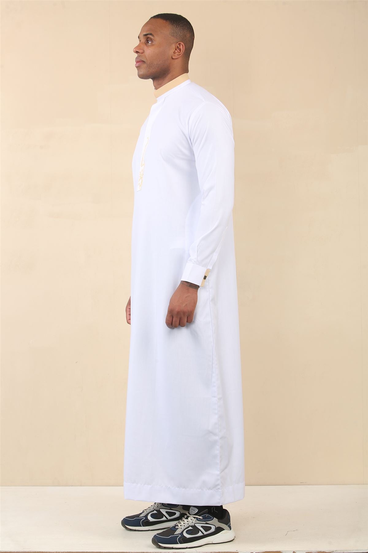 Men's Thobe Jubba Nehru Round Collar Islamic Clothing Muslim Kaftan Embroidery Eid Robe Saudi