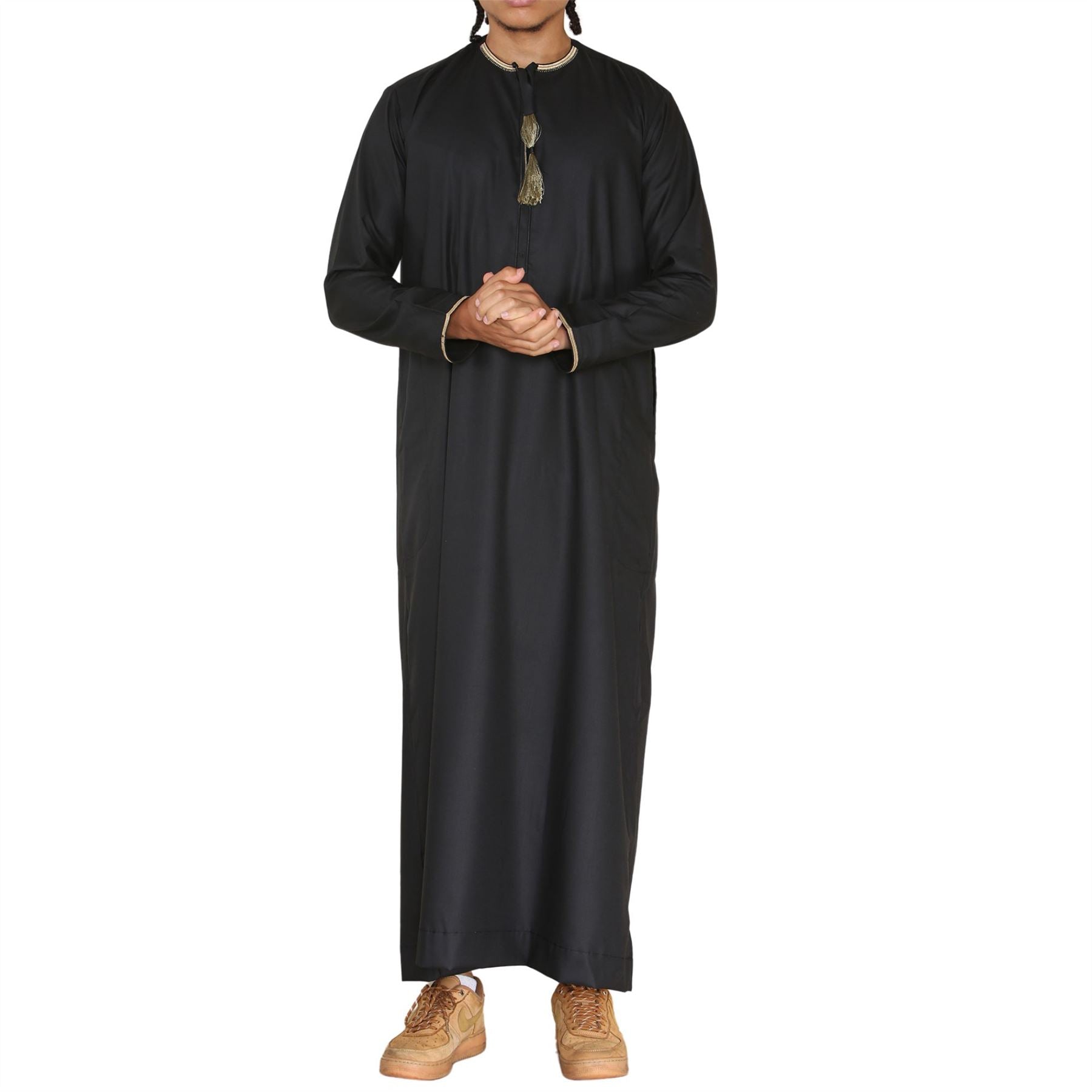 Mens Emirati Omani Thobe Jubba Islamic Clothing Muslim Kaftan Eid Robe Arab String Tassel