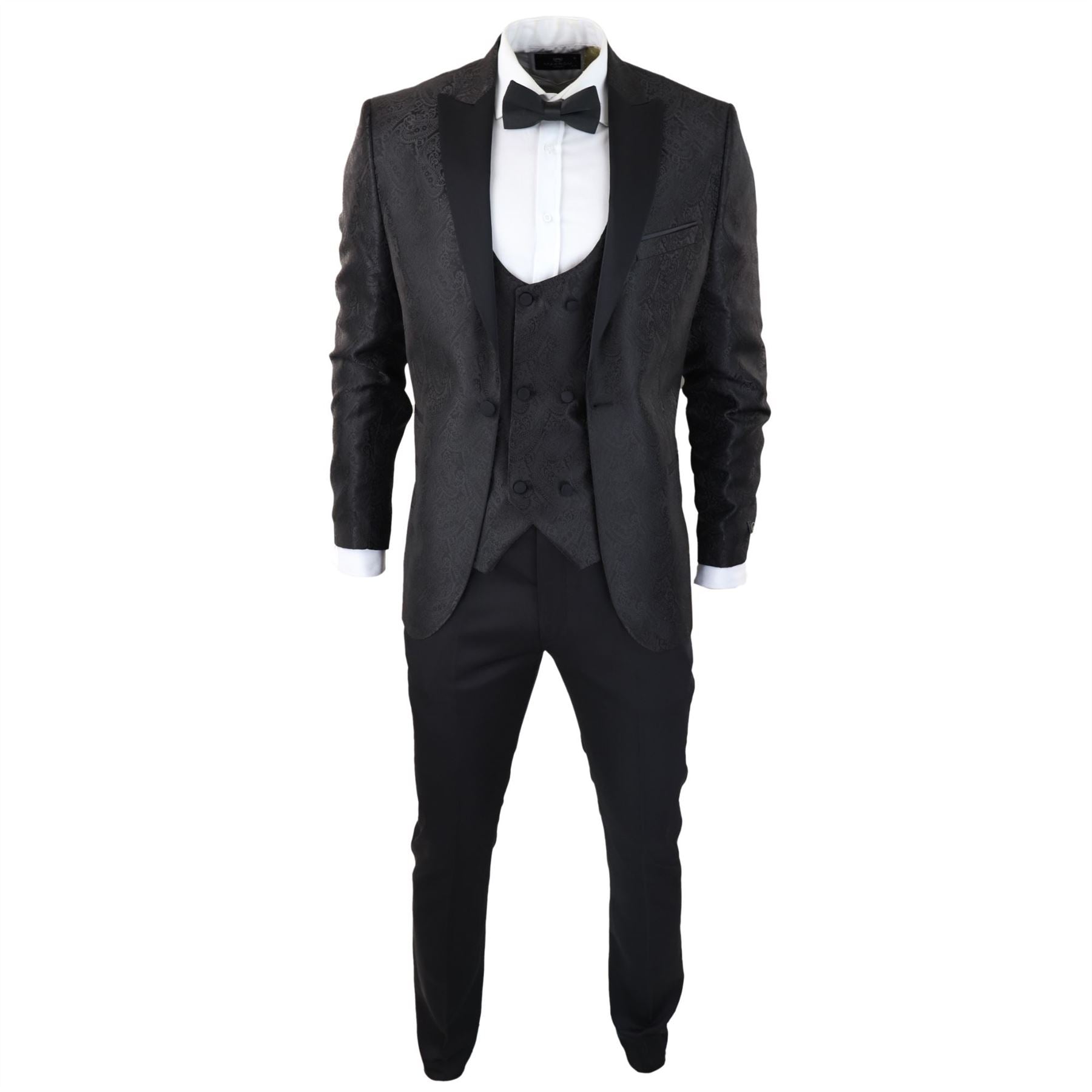 Mens Paisley Tuxedo Blazer And Waistcoat Brocade Dinner Jacket Satin Black Fit