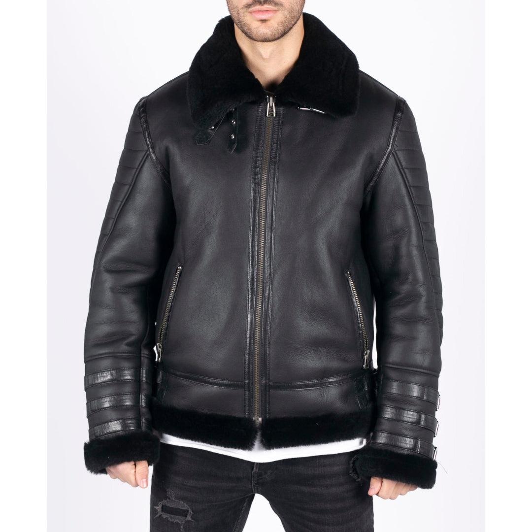 Mens Black Real Sheepskin Flying Jacket Zipped WW2 Pilot Black Winter Warm Coat - Knighthood Store