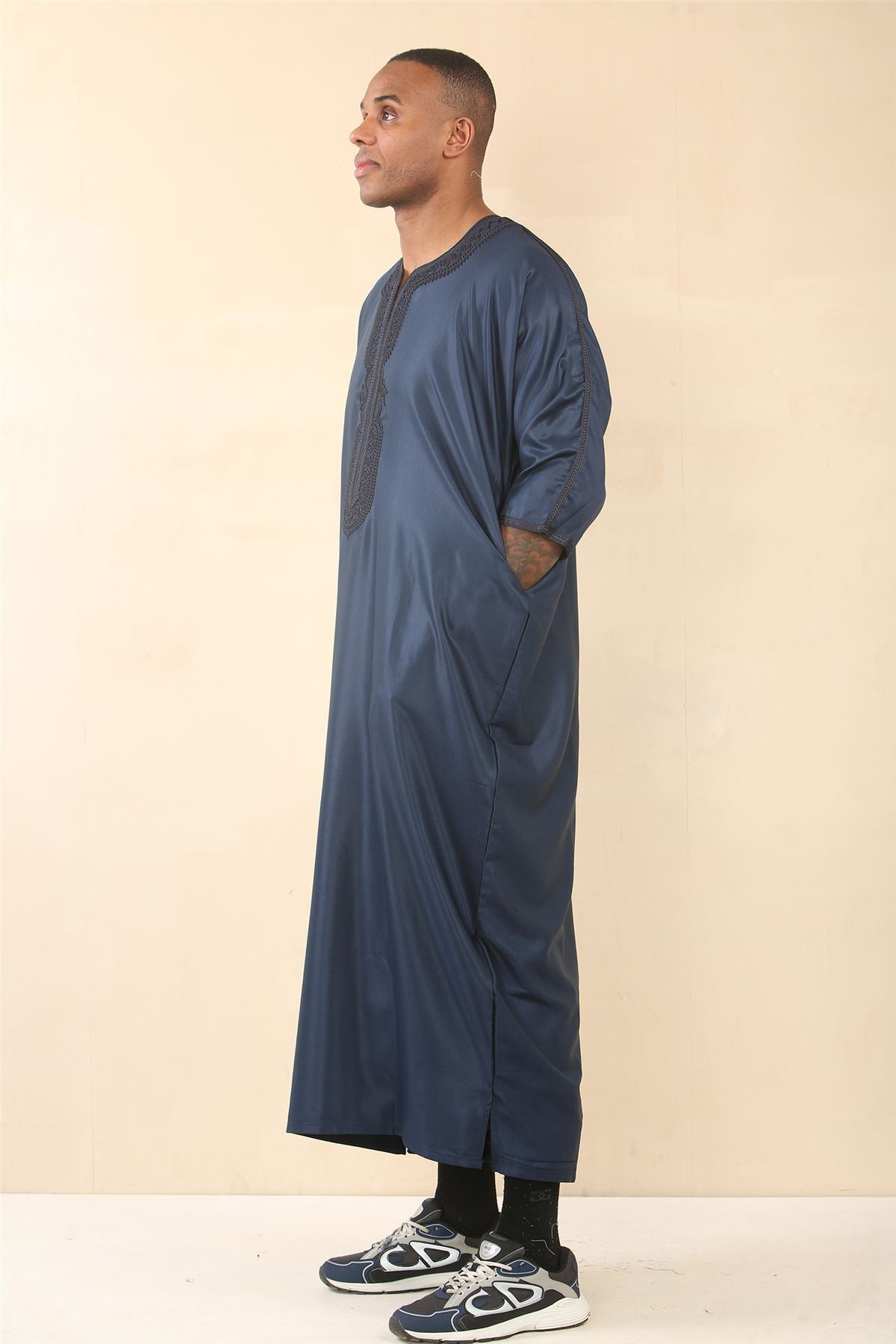 Men's Moroccan Thobe Gandoura Short Sleeve Jubba Islamic Clothing Kaftan Eid Robe Arab Embroidery