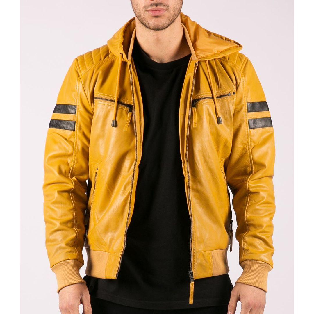 Mens Blue Black Hood Real Leather Bomber Jacket Red Stripes Quilted Slim Fit Casual - Knighthood Store