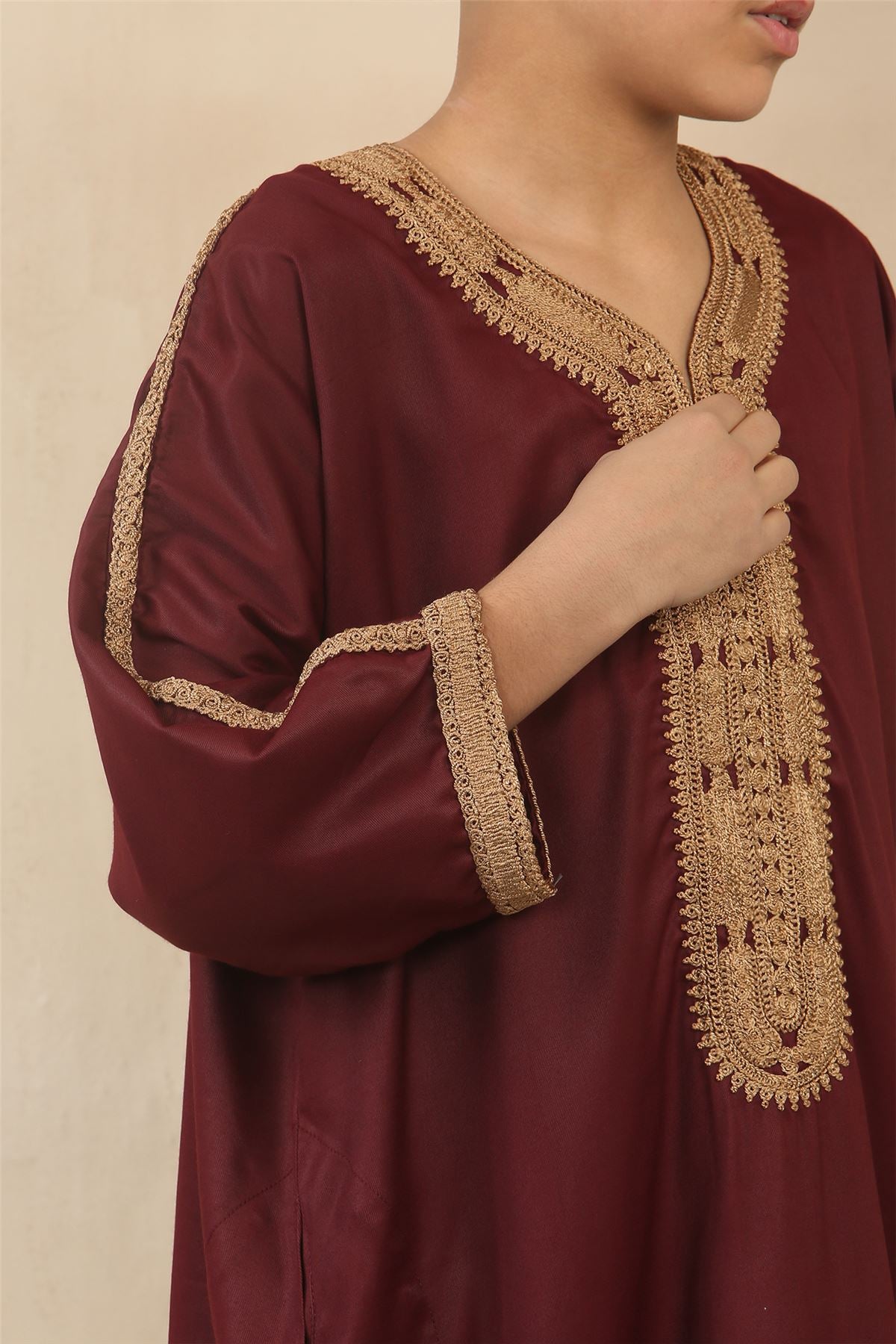 Boys Marron Moroccan Thobe Short Sleeve Gandoura Gold Embroidery Kaftan
