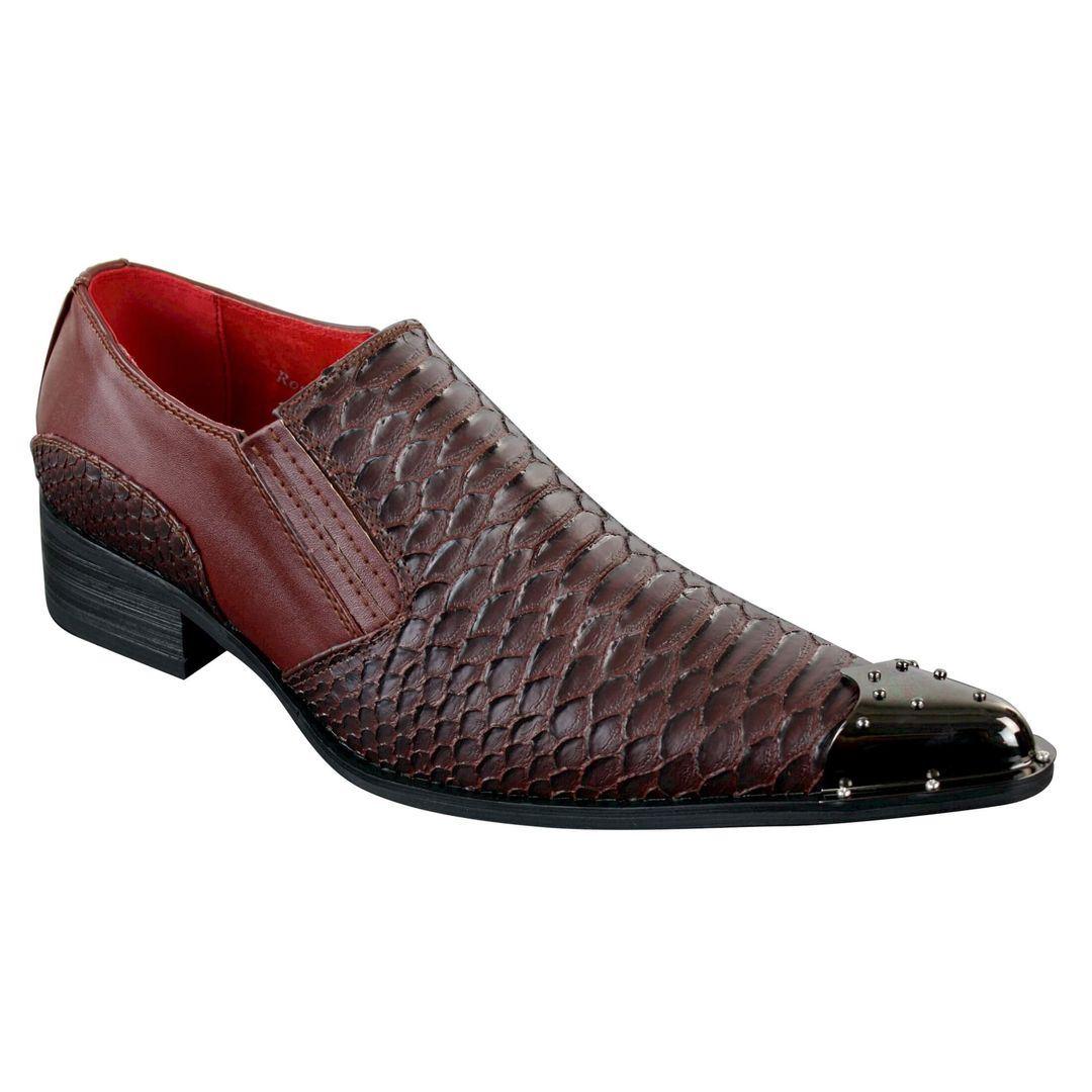 Mens Western Pointed Metal Toe Cowboy Shoes Crocodile Textured Leather Black Brown Grey - Knighthood Store