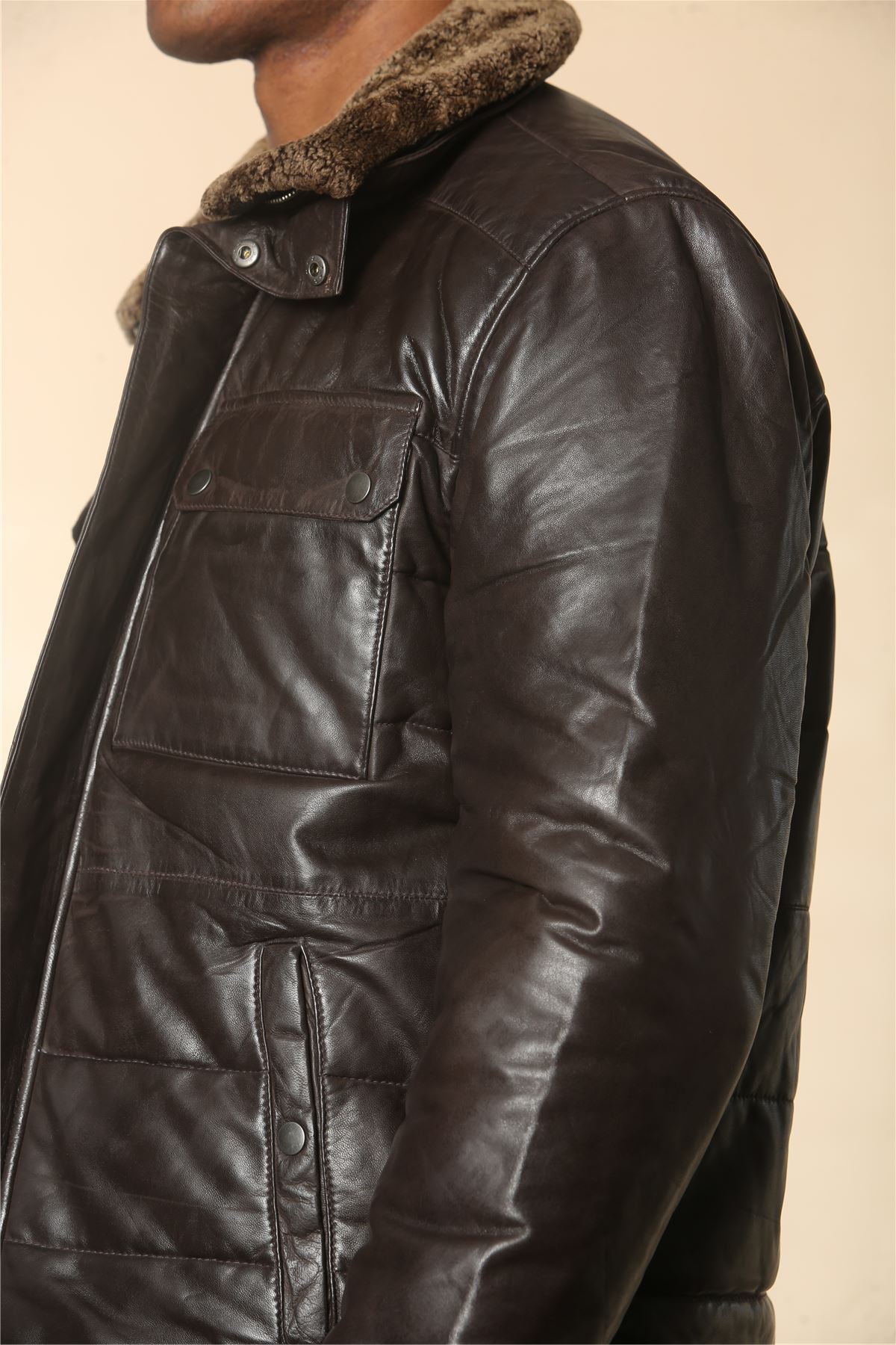 Men's Quilted Faux Fur Collar Leather Jacket