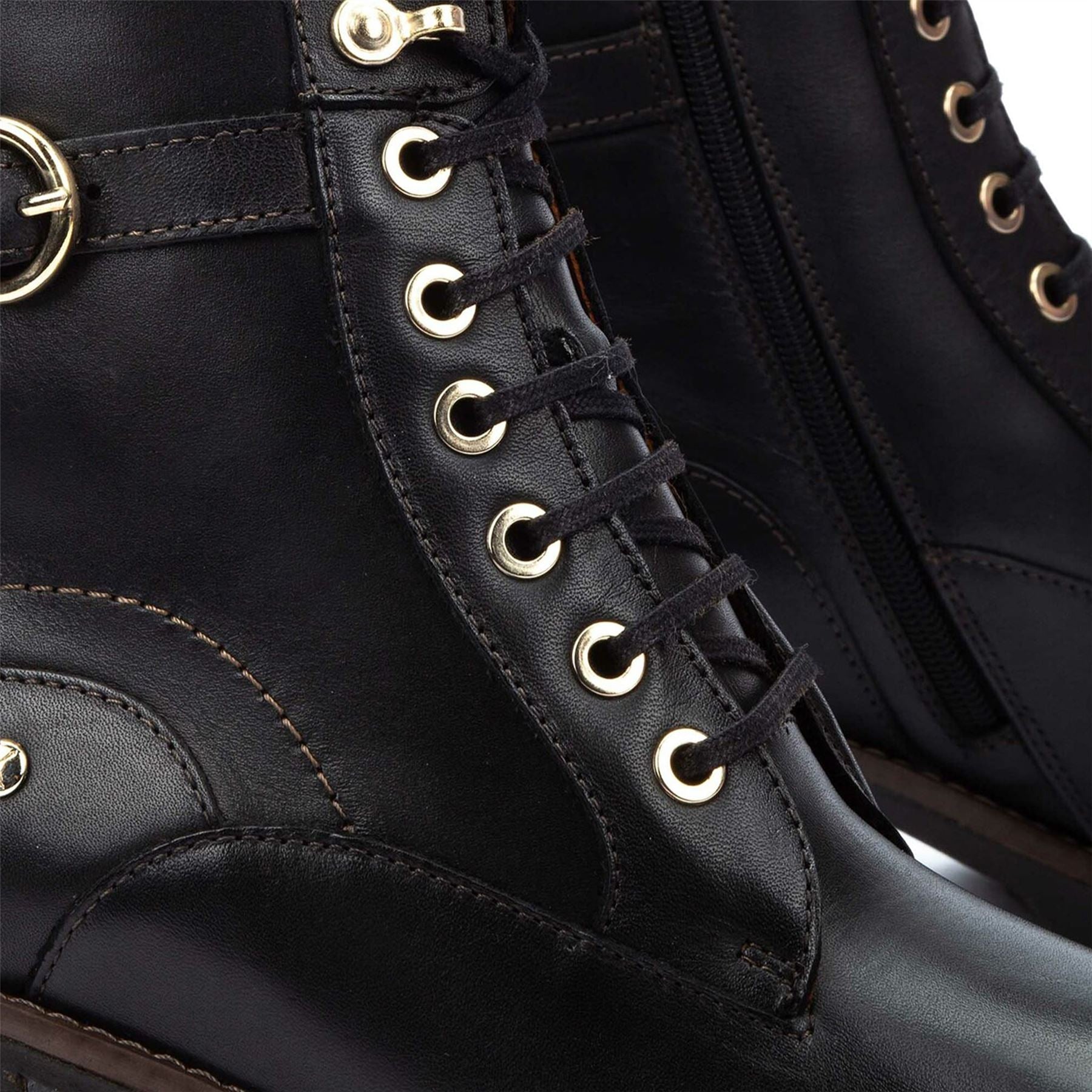 Llanes - Women’s Black Leather Mid-Heel Combat Ankle Boots