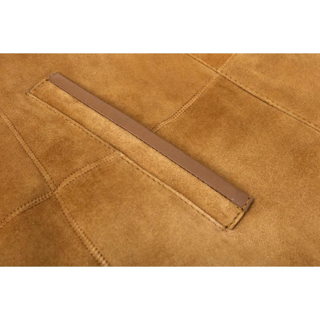 Womens Real Sheepskin Jacket 3/4 Long Hood Merino Fur Button Camel Tan - Knighthood Store