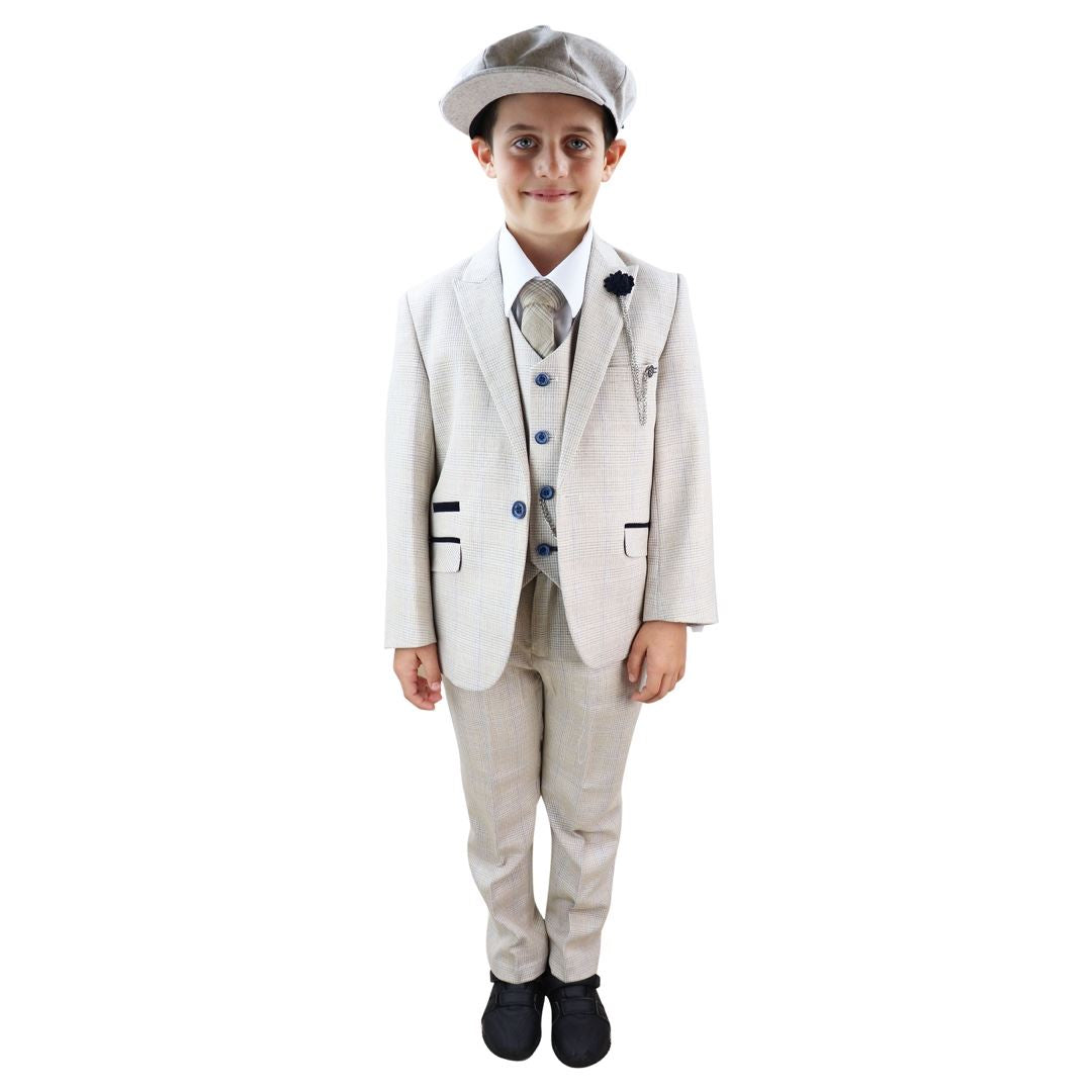 Boys 3 Piece Suit Tweed Cream Black Tailored Fit Wedding Blinders Classic