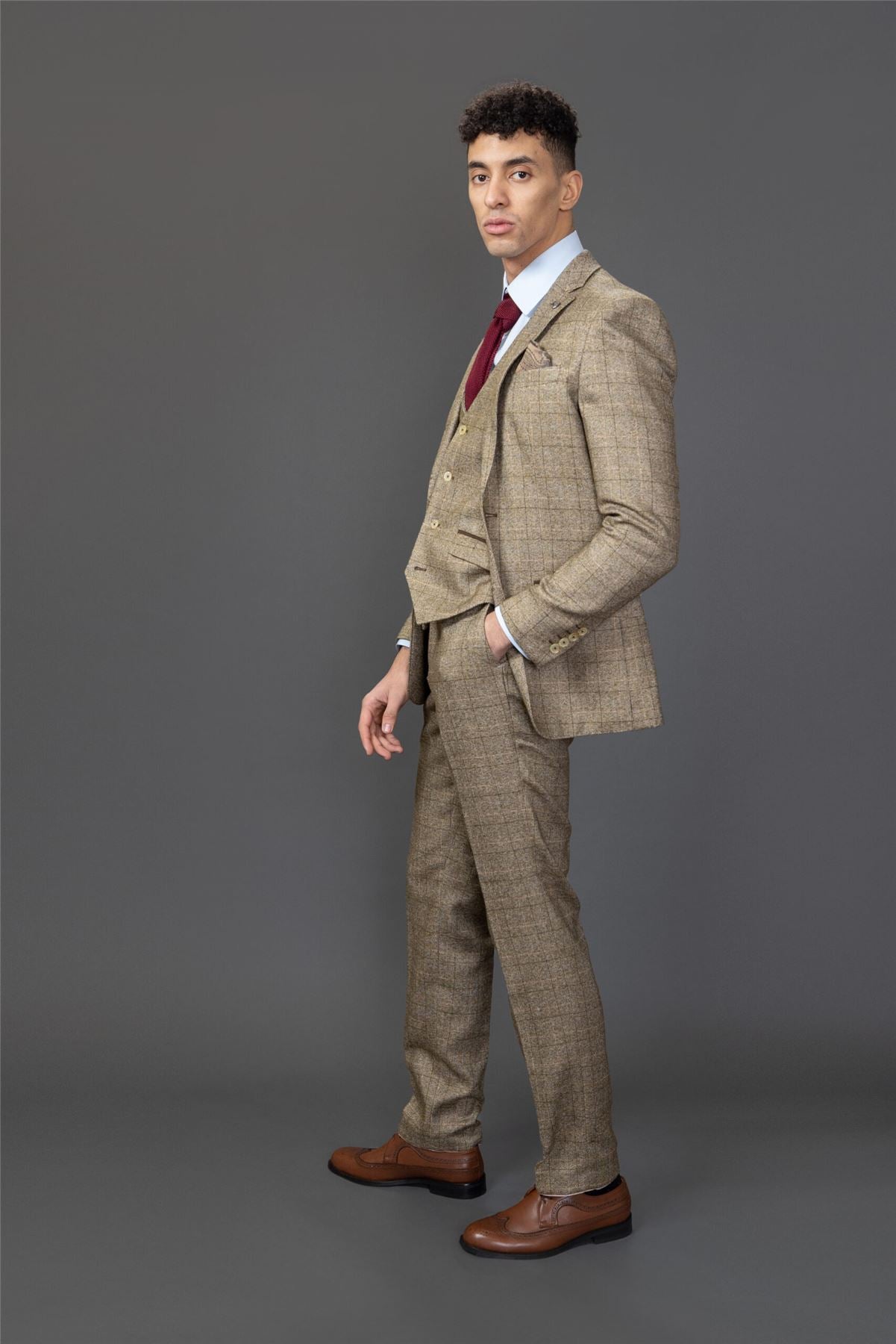 Men's Suit 3 Piece Brown Checked Slim Fit Formal Dress