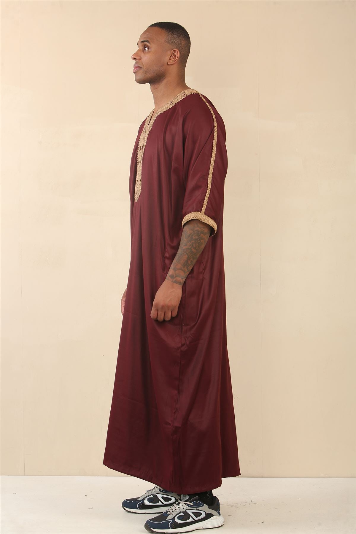 Men's Marron Moroccan Thobe Short Sleeve Gandoura Gold Embroidery Kaftan
