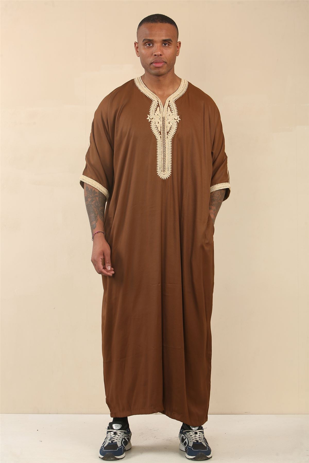 Men's Moroccan Thobe Short Sleeve Gandoura Embroidery Kaftan