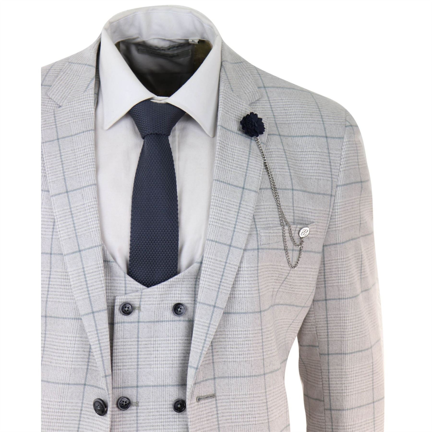Mens Light Grey Check 3 Piece Suit Double Breasted Waoistcoat Tailored Fit