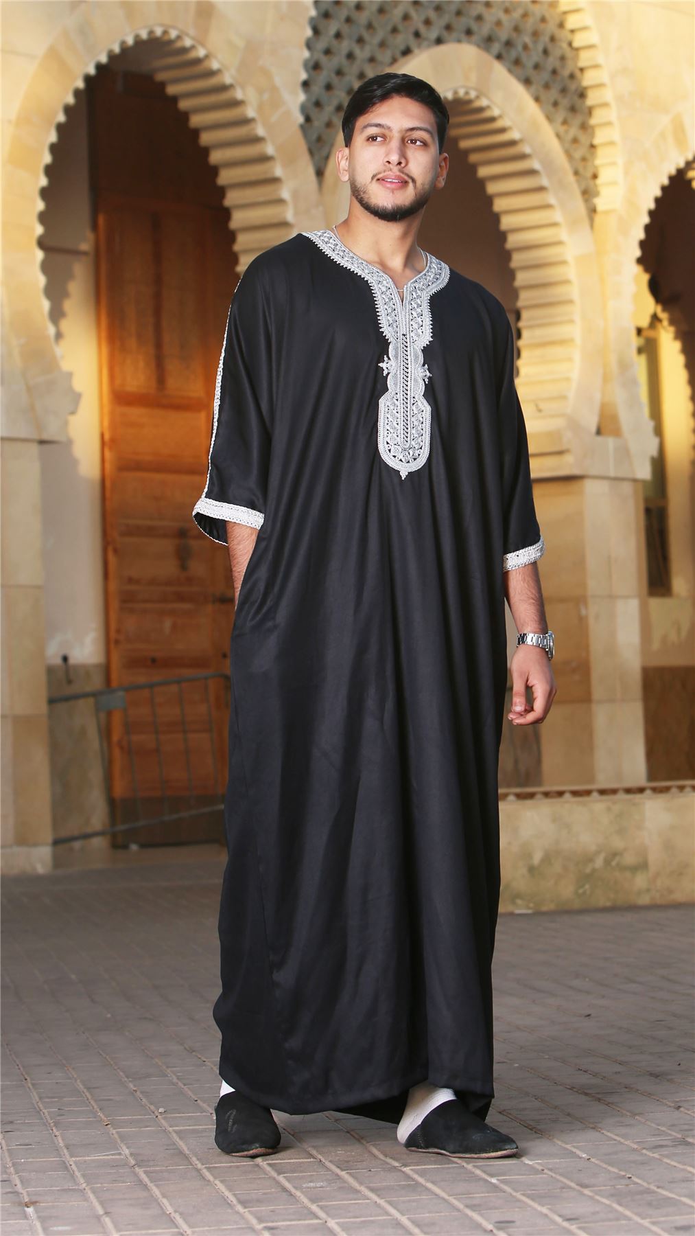 Men's Moroccan Thobe Short Sleeve Gandoura Embroidery Kaftan Jubba