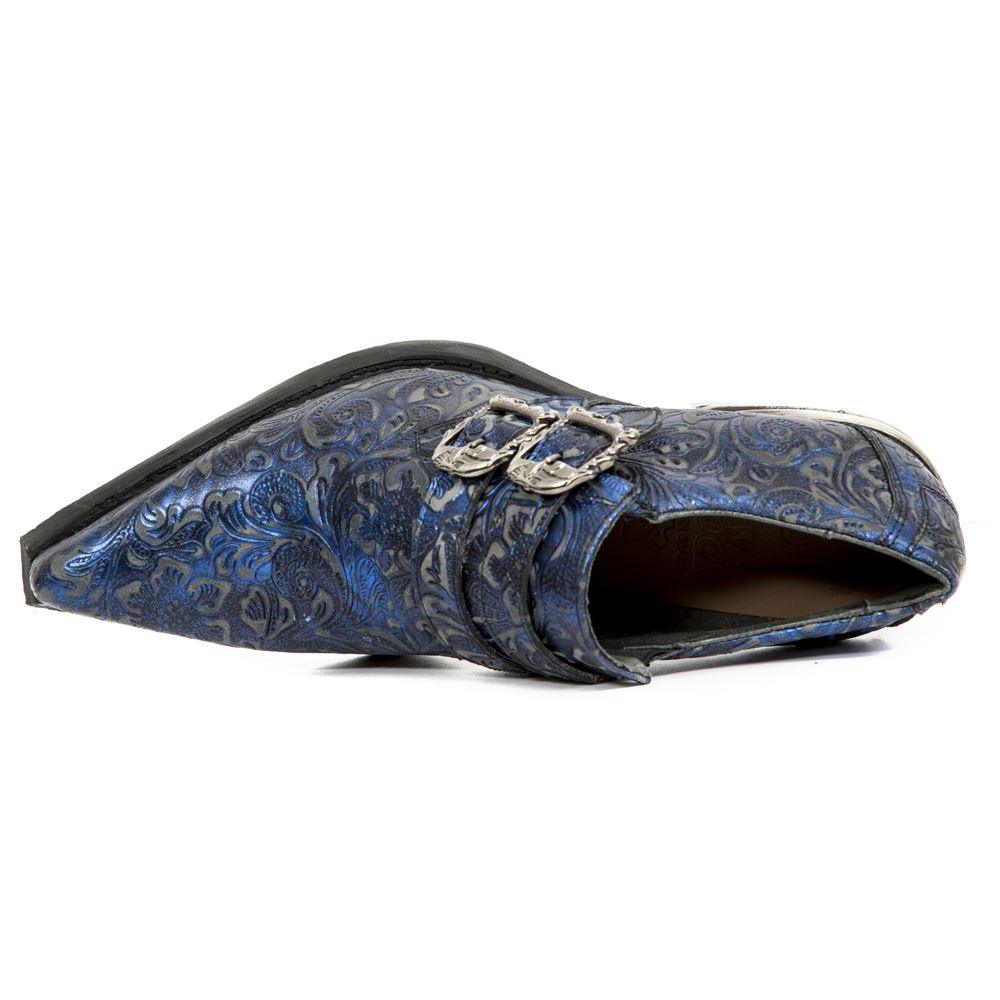 New Rock 7960-s7 Shoe Embossed Vintage Blue Leather Buckle Steel Heel Shoes - Knighthood Store