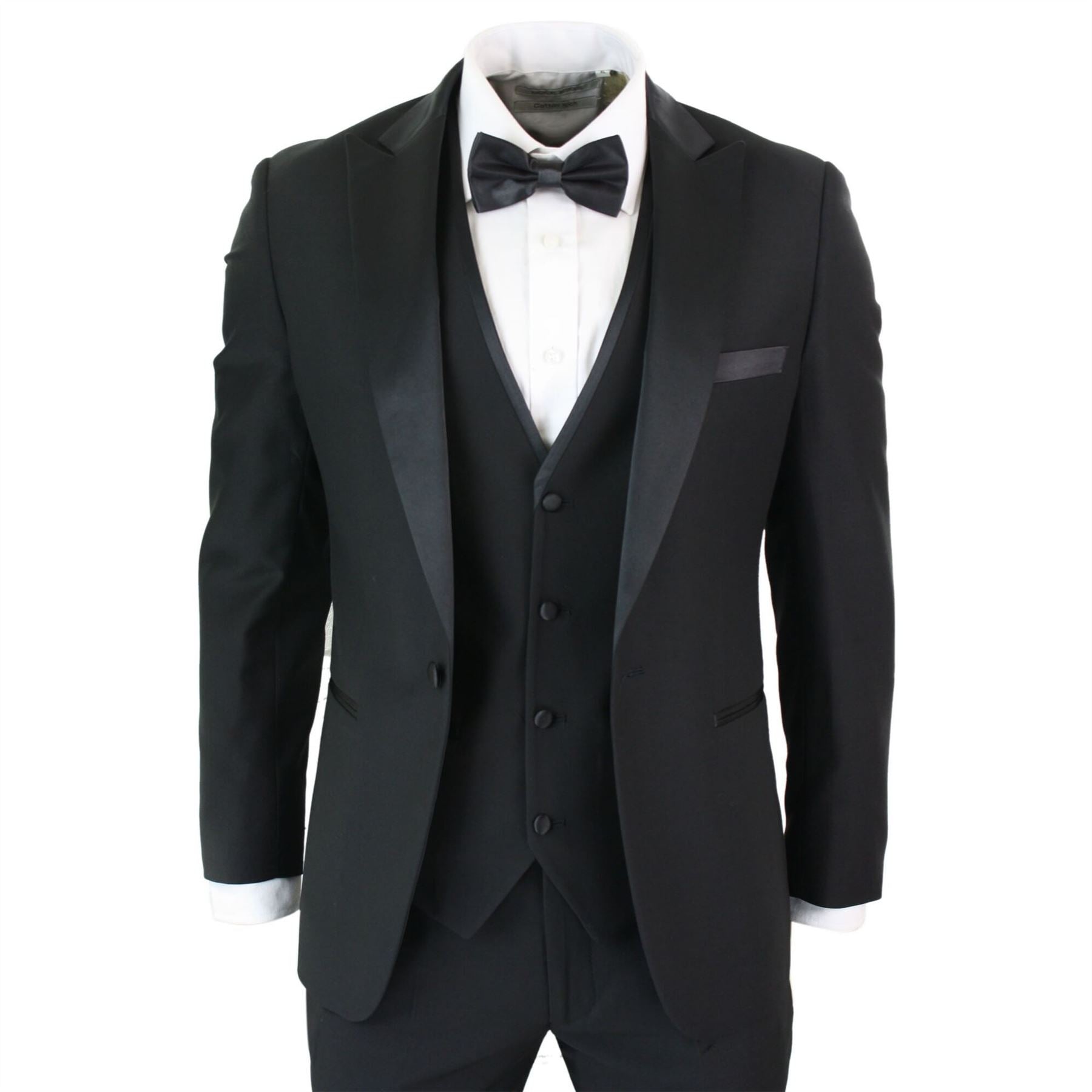Mens 3 Piece Black Classic Satin Tuxedo Dinner Suit Tailored Fit Wedding Prom
